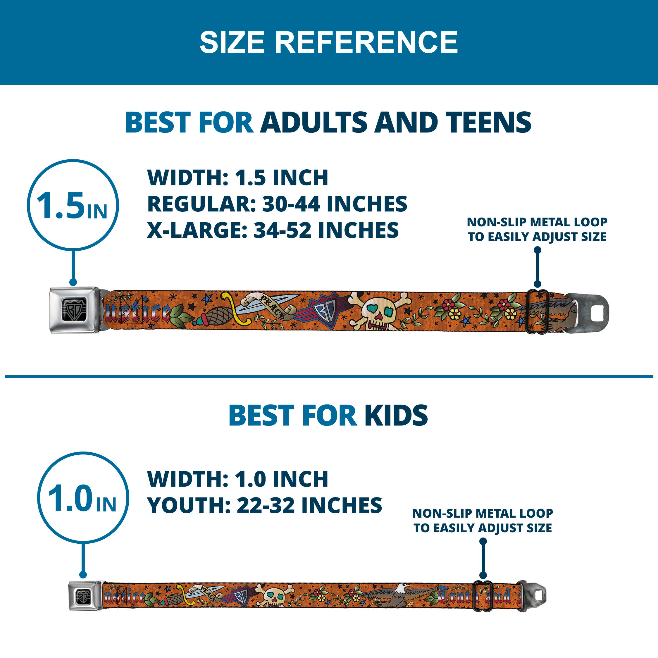 BD Wings Logo CLOSE-UP Full Color Black Silver Seatbelt Belt - Truth and Justice Orange Webbing Seatbelt Belts Buckle-Down