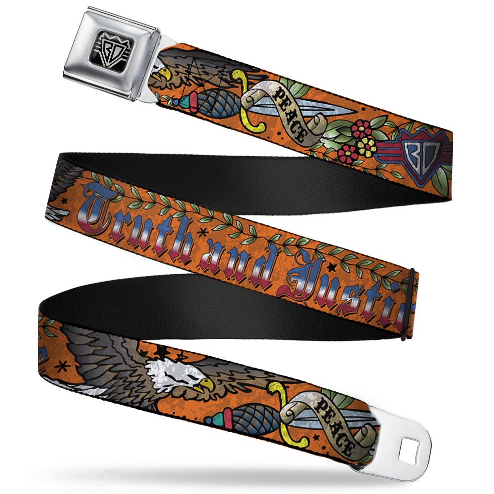 BD Wings Logo CLOSE-UP Full Color Black Silver Seatbelt Belt - Truth and Justice Orange Webbing Seatbelt Belts Buckle-Down