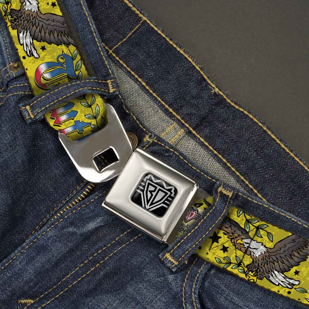 BD Wings Logo CLOSE-UP Full Color Black Silver Seatbelt Belt - Truth and Justice Yellow Webbing Seatbelt Belts Buckle-Down