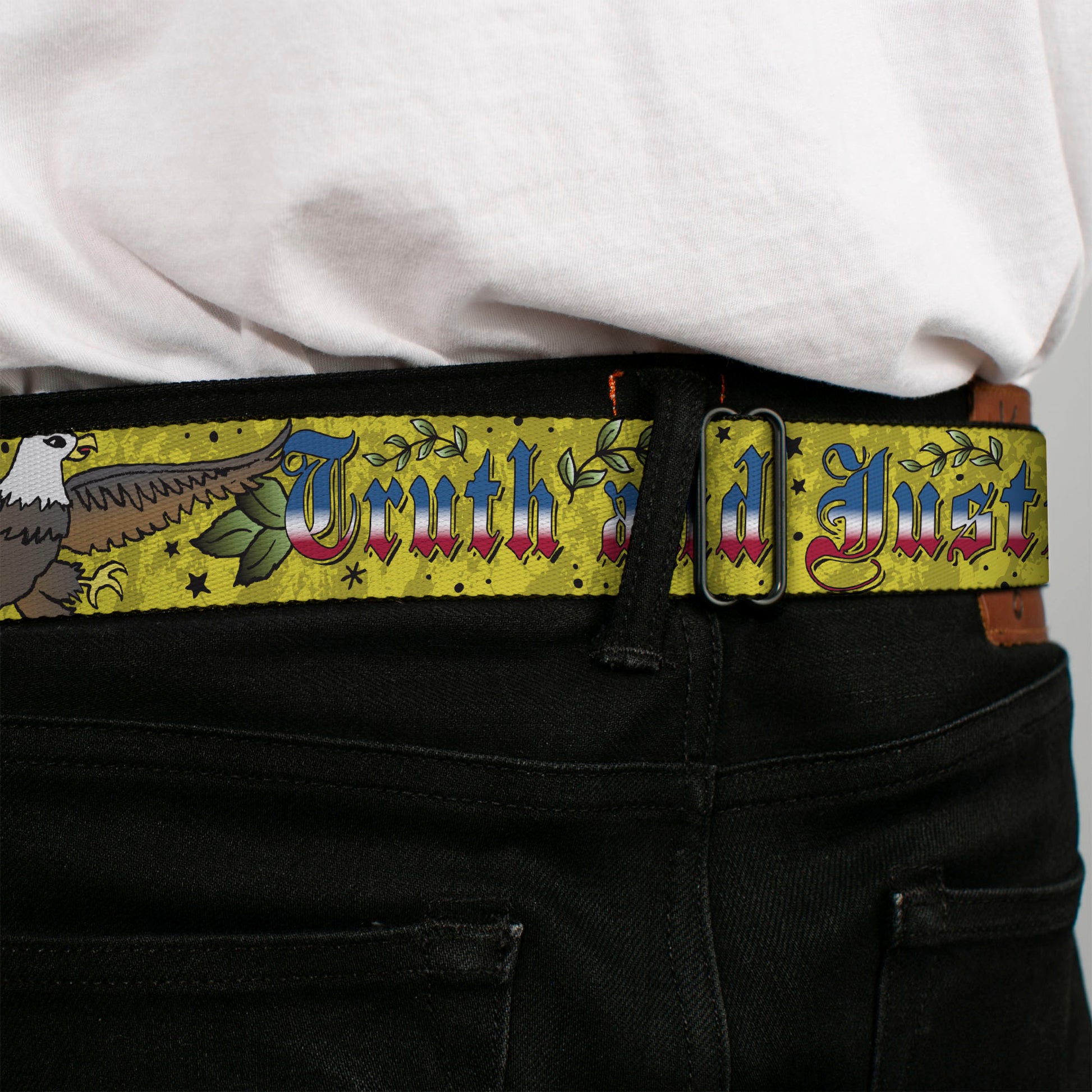BD Wings Logo CLOSE-UP Full Color Black Silver Seatbelt Belt - Truth and Justice Yellow Webbing Seatbelt Belts Buckle-Down