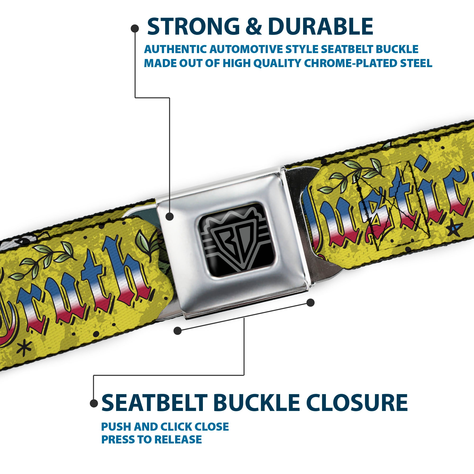 BD Wings Logo CLOSE-UP Full Color Black Silver Seatbelt Belt - Truth and Justice Yellow Webbing Seatbelt Belts Buckle-Down