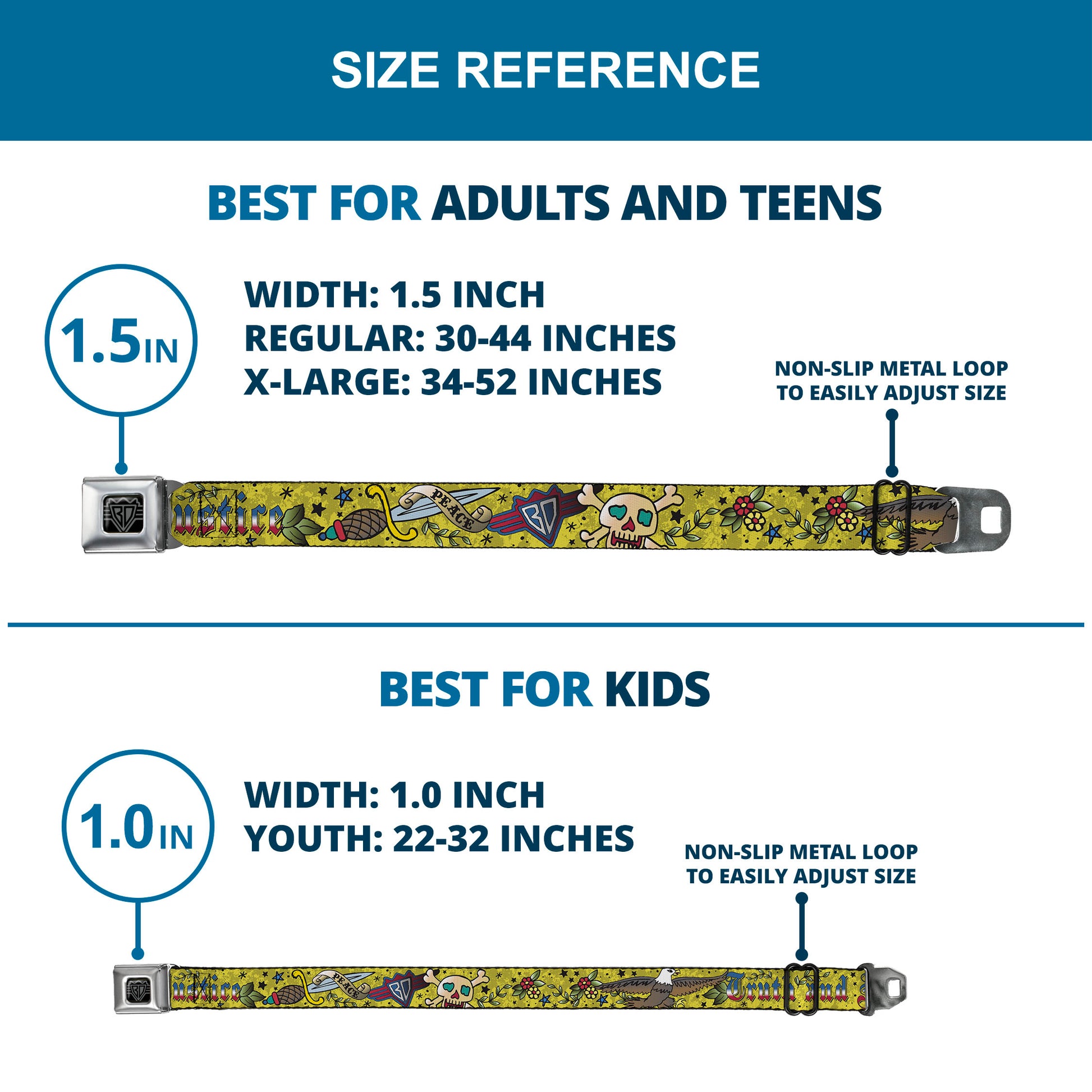 BD Wings Logo CLOSE-UP Full Color Black Silver Seatbelt Belt - Truth and Justice Yellow Webbing Seatbelt Belts Buckle-Down