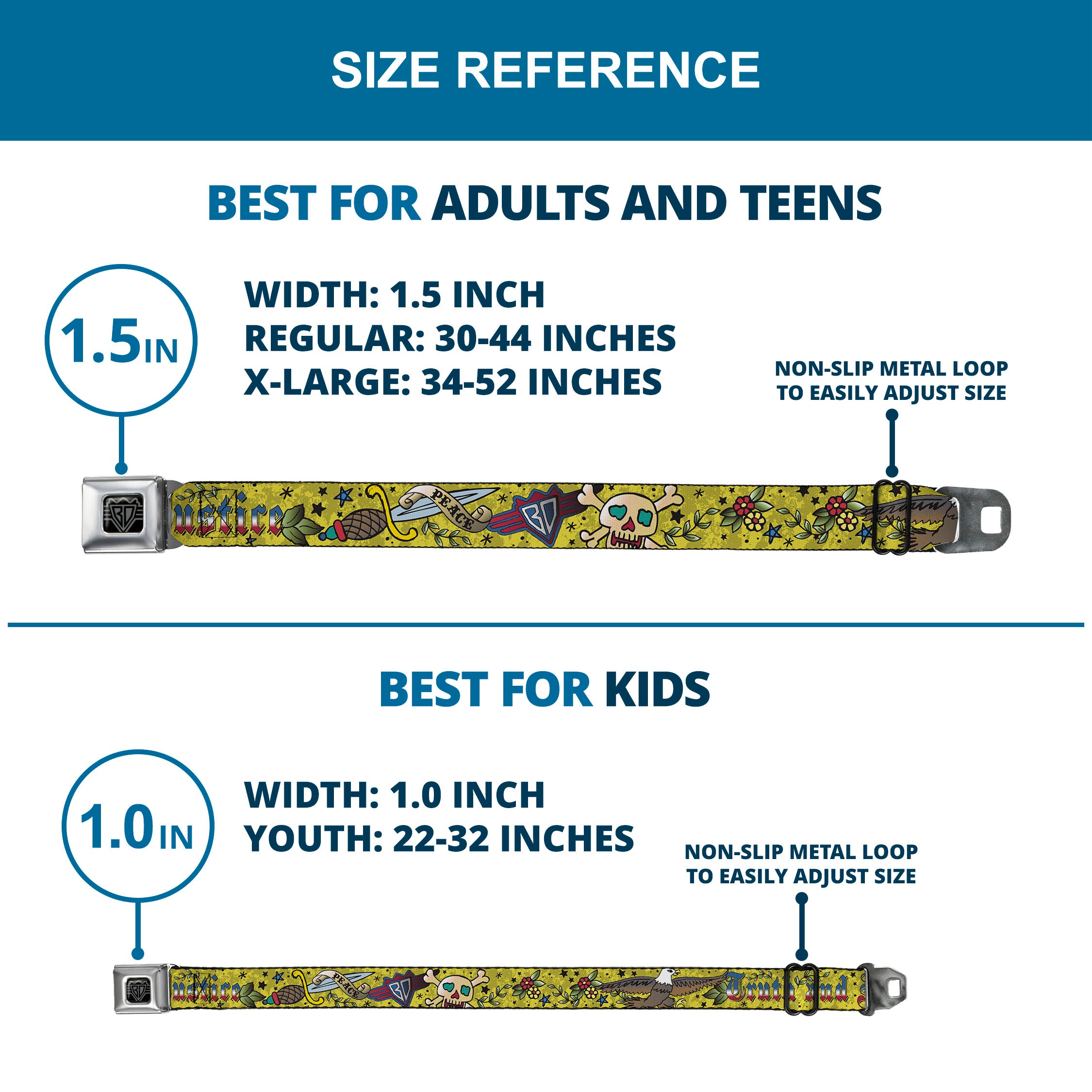 BD Wings Logo CLOSE-UP Full Color Black Silver Seatbelt Belt - Truth and Justice Yellow Webbing Seatbelt Belts Buckle-Down