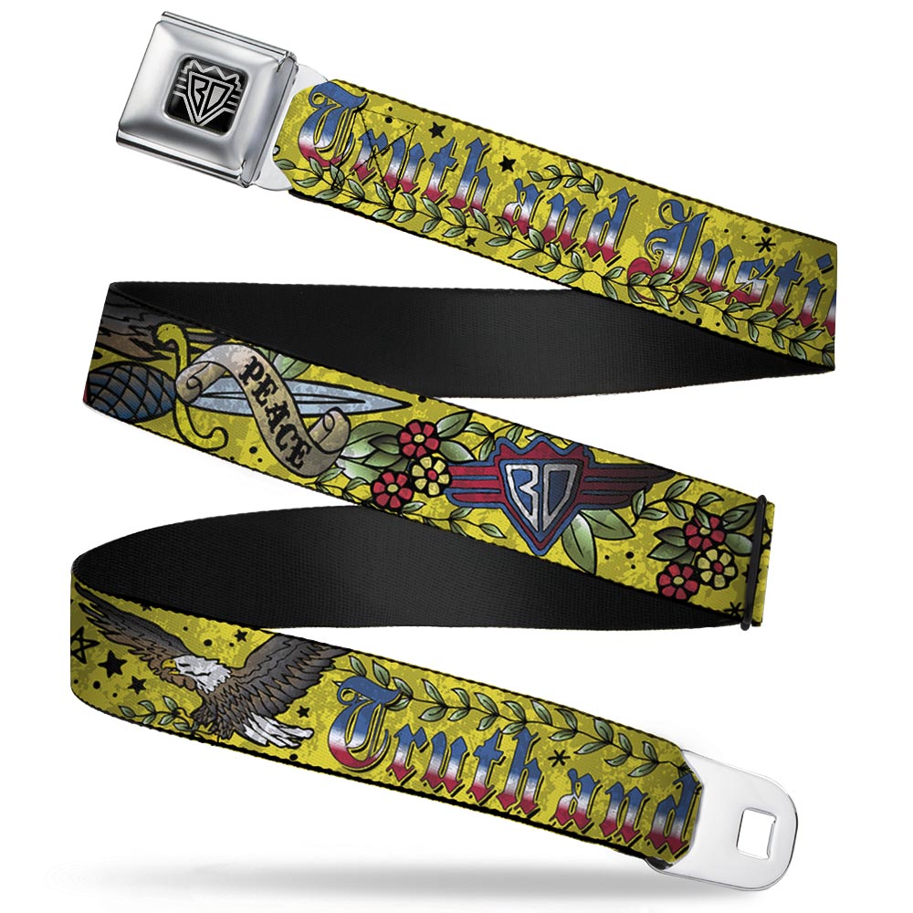 BD Wings Logo CLOSE-UP Full Color Black Silver Seatbelt Belt - Truth and Justice Yellow Webbing Seatbelt Belts Buckle-Down