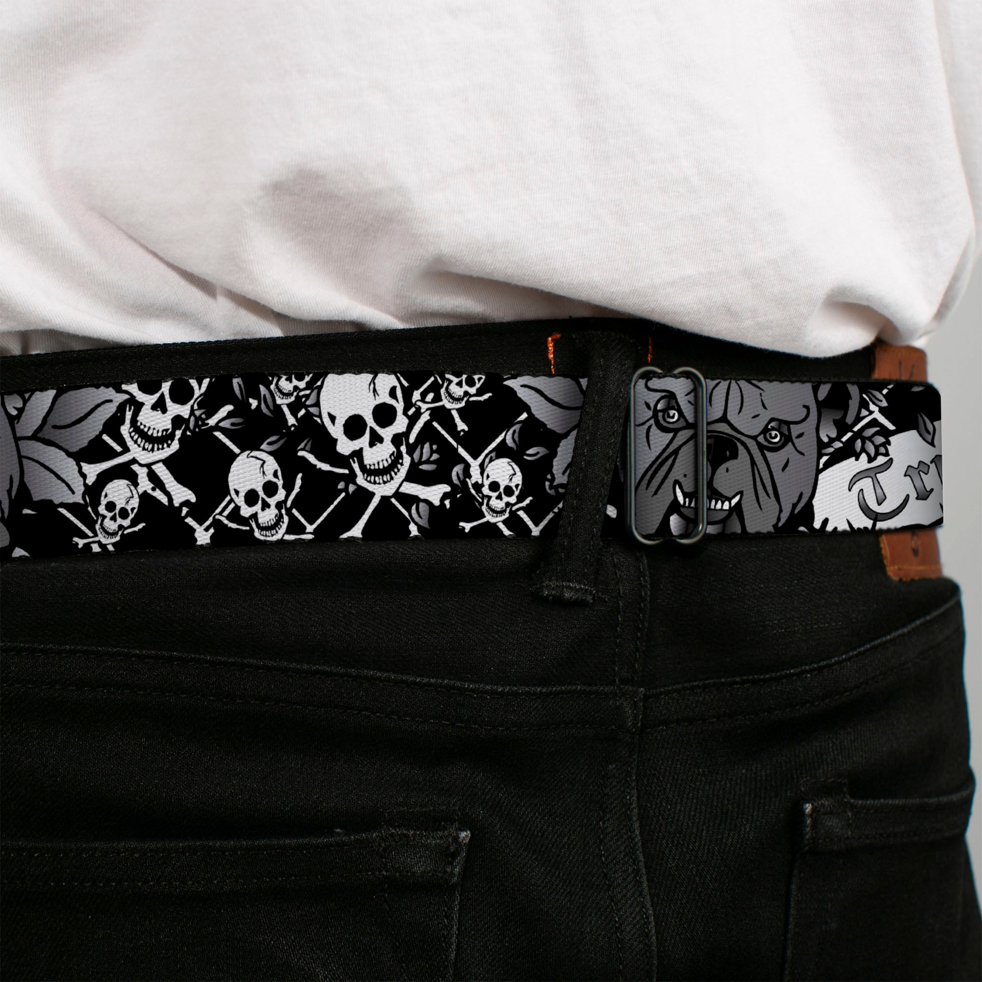 BD Wings Logo CLOSE-UP Full Color Black Silver Seatbelt Belt - Trust No One Black/White Webbing Seatbelt Belts Buckle-Down