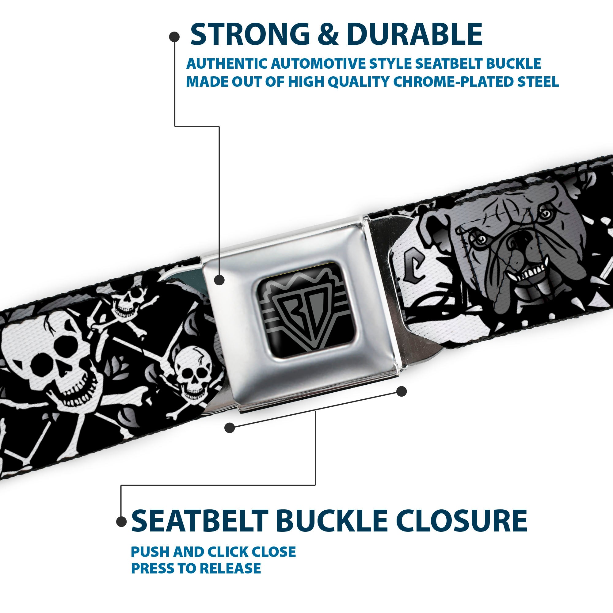 BD Wings Logo CLOSE-UP Full Color Black Silver Seatbelt Belt - Trust No One Black/White Webbing Seatbelt Belts Buckle-Down
