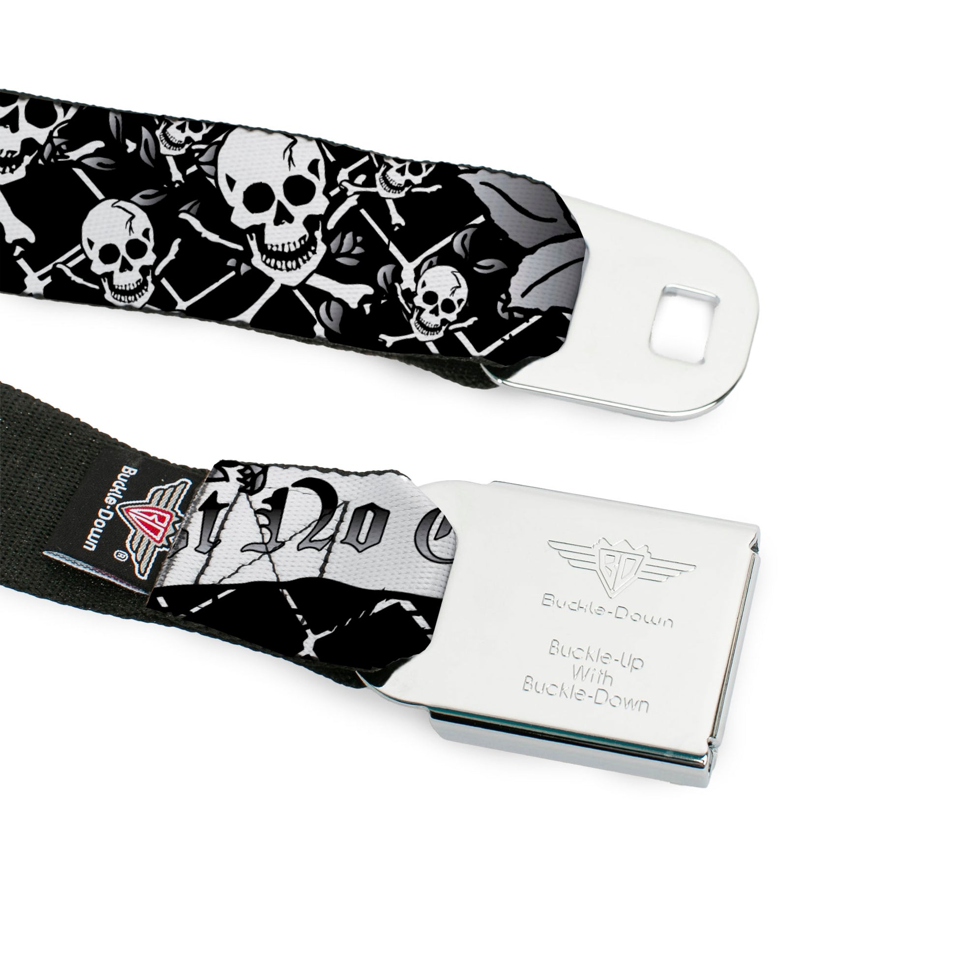 BD Wings Logo CLOSE-UP Full Color Black Silver Seatbelt Belt - Trust No One Black/White Webbing Seatbelt Belts Buckle-Down