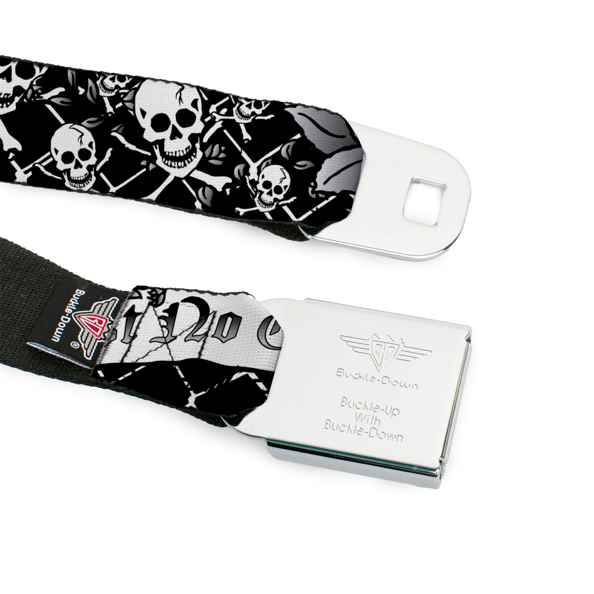 BD Wings Logo CLOSE-UP Full Color Black Silver Seatbelt Belt - Trust No One Black/White Webbing Seatbelt Belts Buckle-Down
