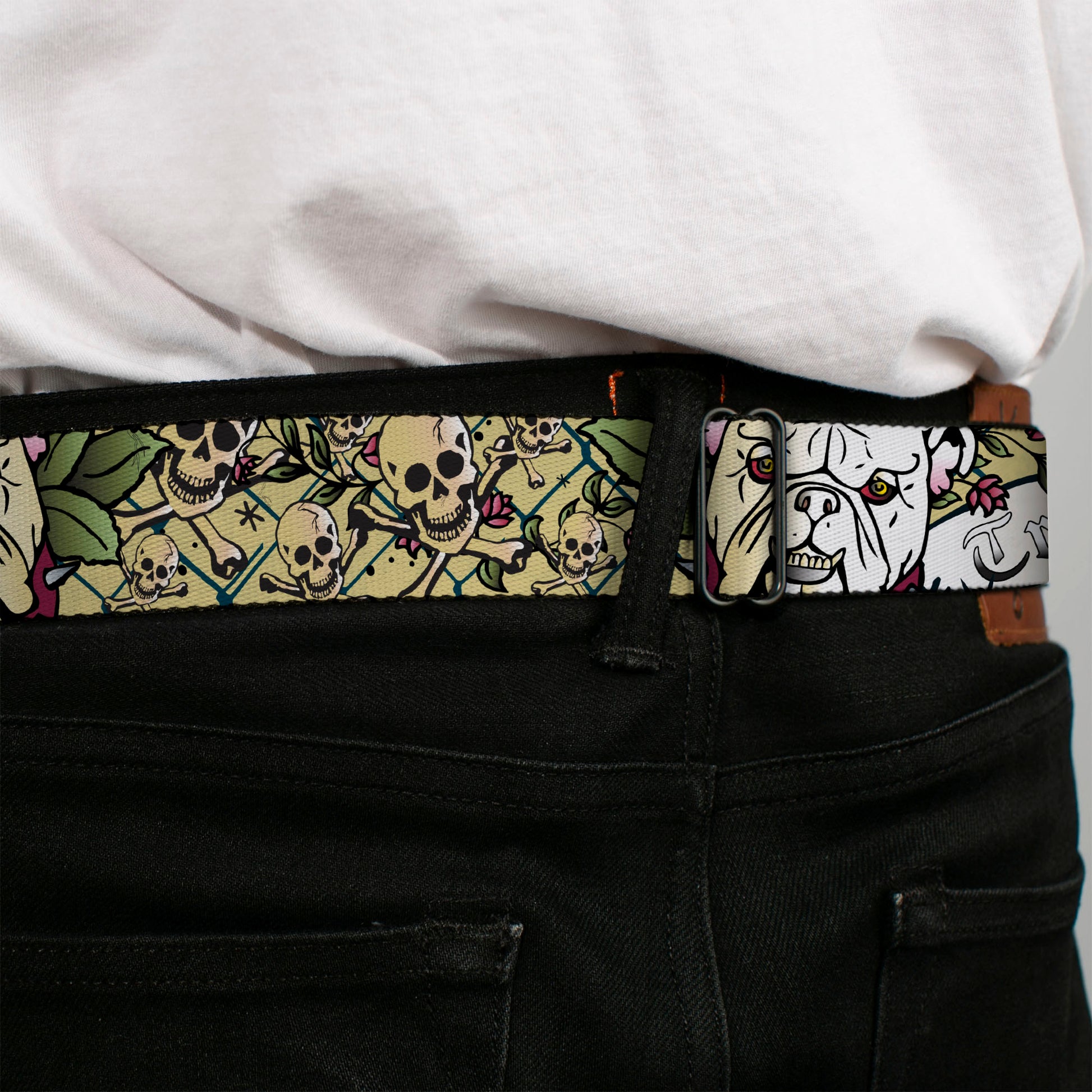 BD Wings Logo CLOSE-UP Full Color Black Silver Seatbelt Belt - Trust No One CLOSE-UP Black Webbing Seatbelt Belts Buckle-Down