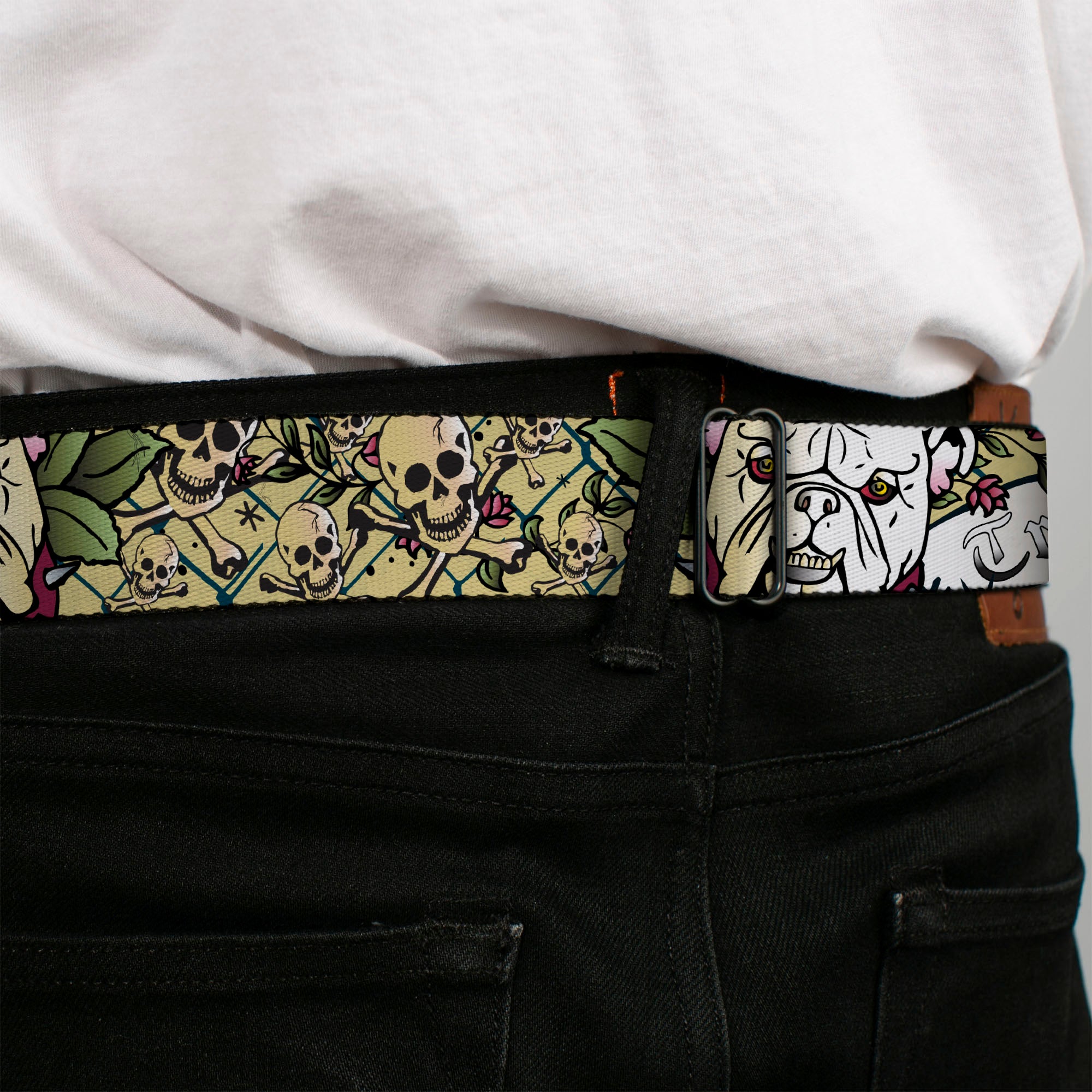 BD Wings Logo CLOSE-UP Full Color Black Silver Seatbelt Belt - Trust No One CLOSE-UP Black Webbing Seatbelt Belts Buckle-Down