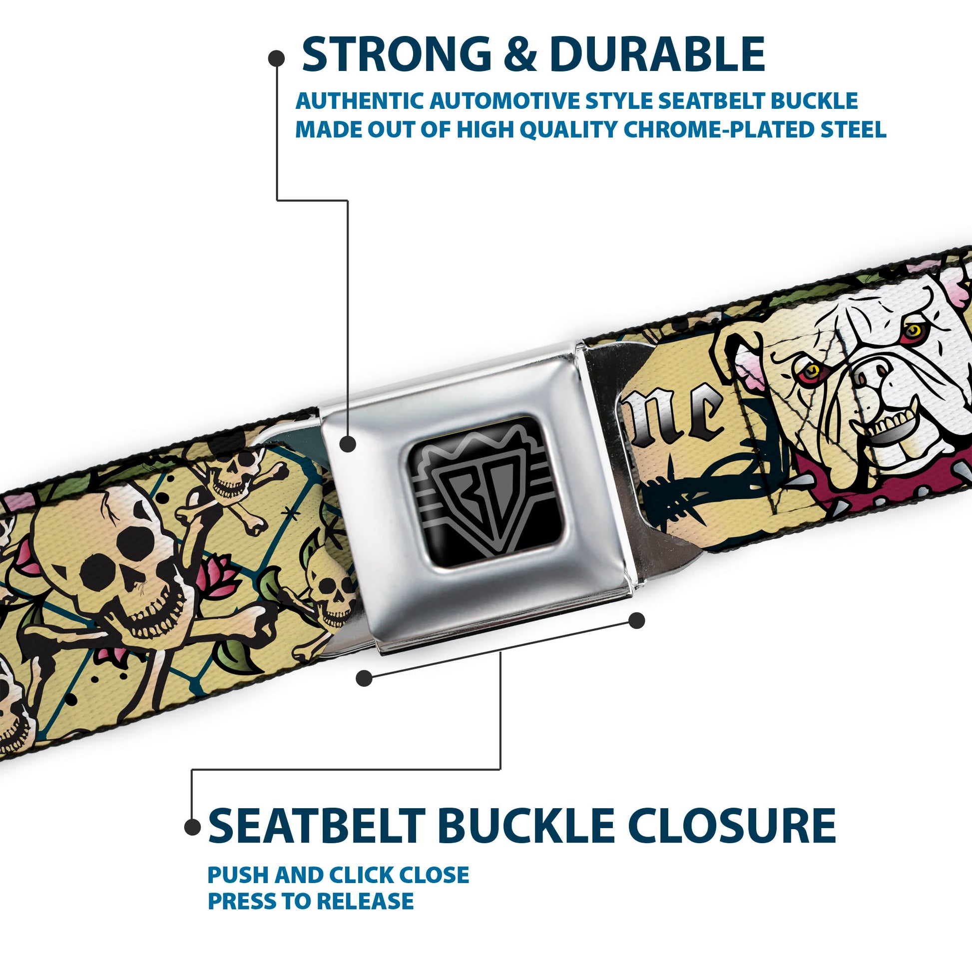 BD Wings Logo CLOSE-UP Full Color Black Silver Seatbelt Belt - Trust No One CLOSE-UP Black Webbing Seatbelt Belts Buckle-Down