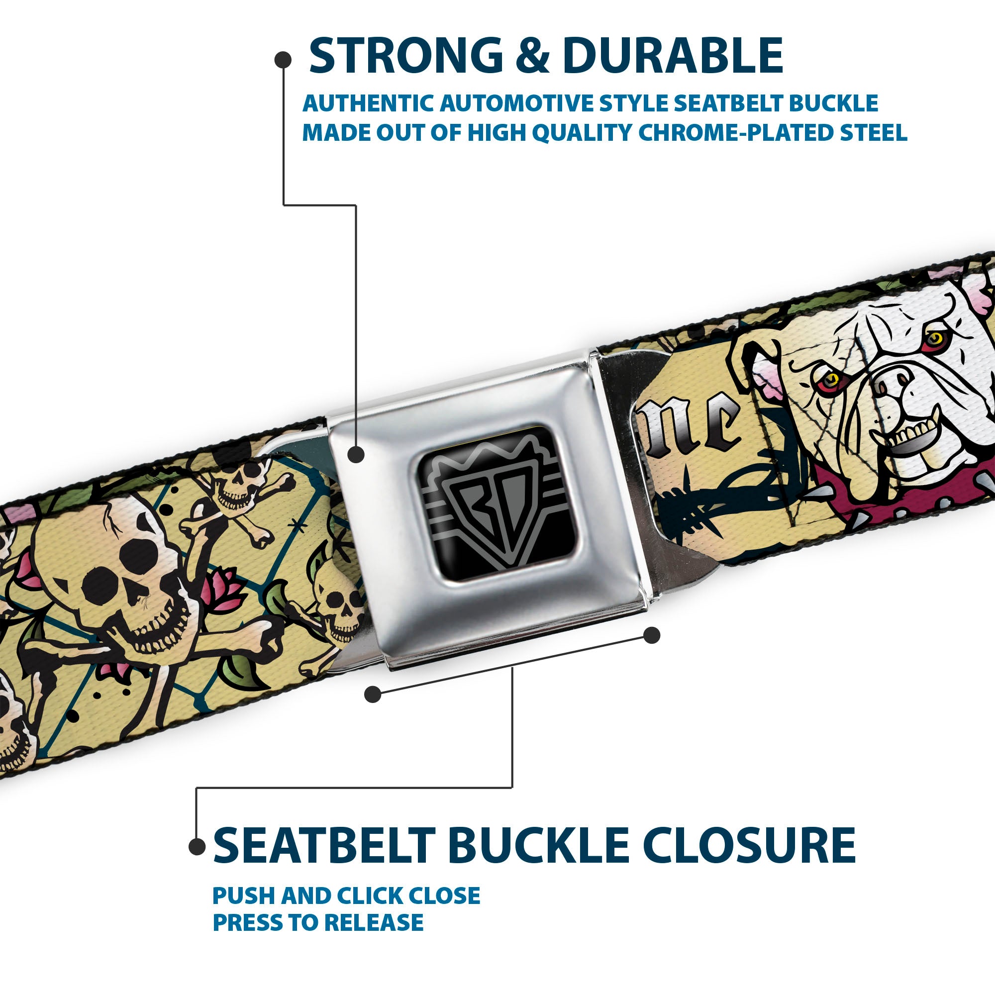 BD Wings Logo CLOSE-UP Full Color Black Silver Seatbelt Belt - Trust No One CLOSE-UP Black Webbing Seatbelt Belts Buckle-Down