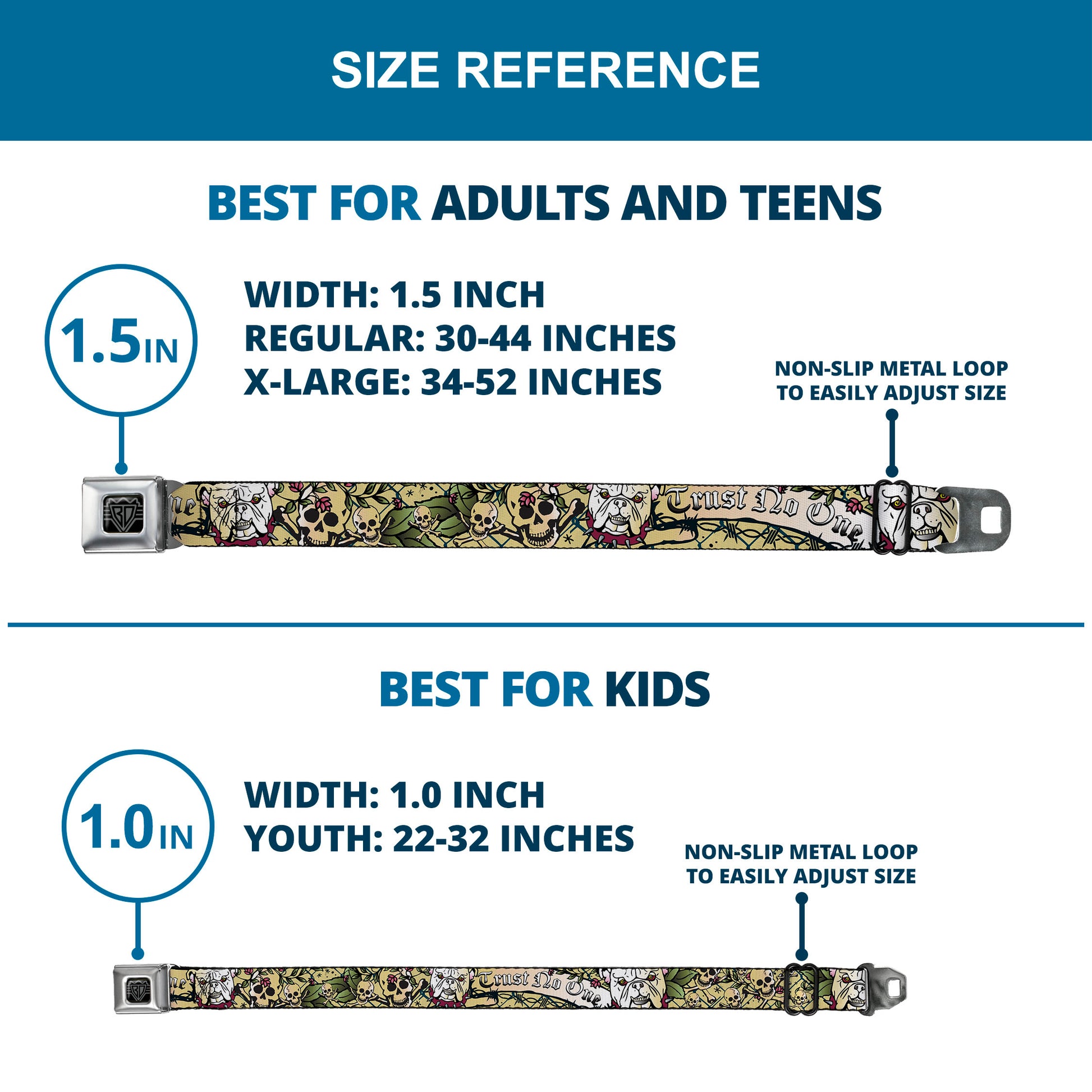 BD Wings Logo CLOSE-UP Full Color Black Silver Seatbelt Belt - Trust No One CLOSE-UP Black Webbing Seatbelt Belts Buckle-Down