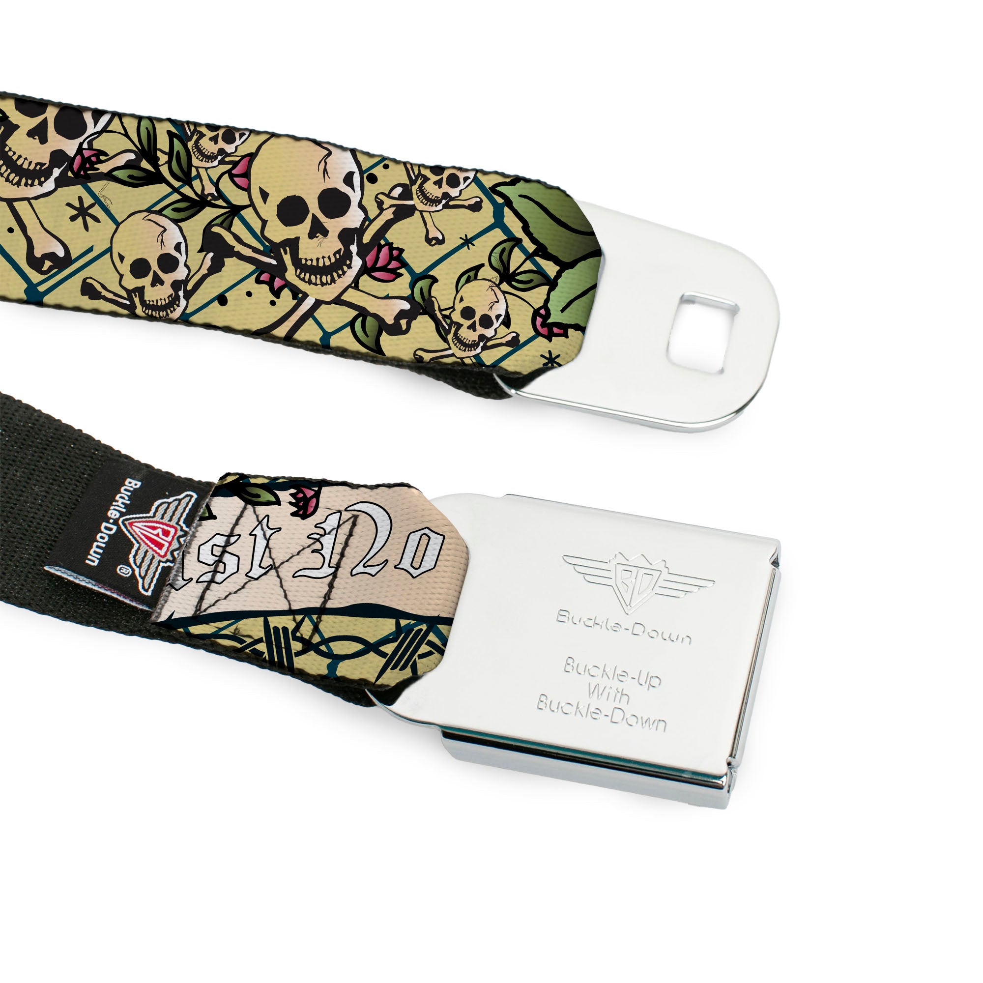 BD Wings Logo CLOSE-UP Full Color Black Silver Seatbelt Belt - Trust No One CLOSE-UP Black Webbing Seatbelt Belts Buckle-Down