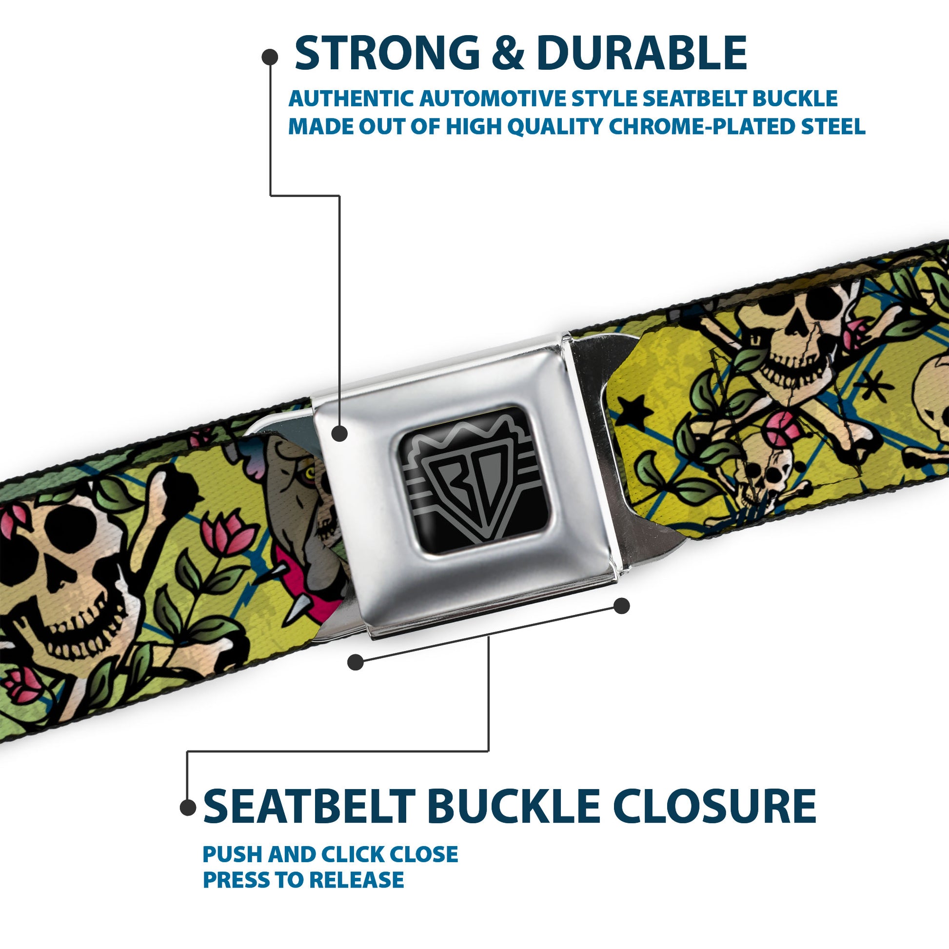 BD Wings Logo CLOSE-UP Full Color Black Silver Seatbelt Belt - Trust No One CLOSE-UP Yellow/Green/Blue-S Webbing Seatbelt Belts Buckle-Down