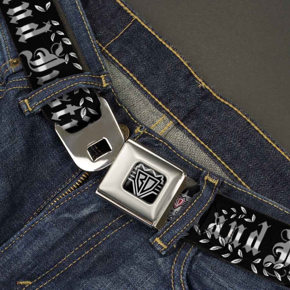 BD Wings Logo CLOSE-UP Full Color Black Silver Seatbelt Belt - Truth and Justice Black/White Webbing Seatbelt Belts Buckle-Down