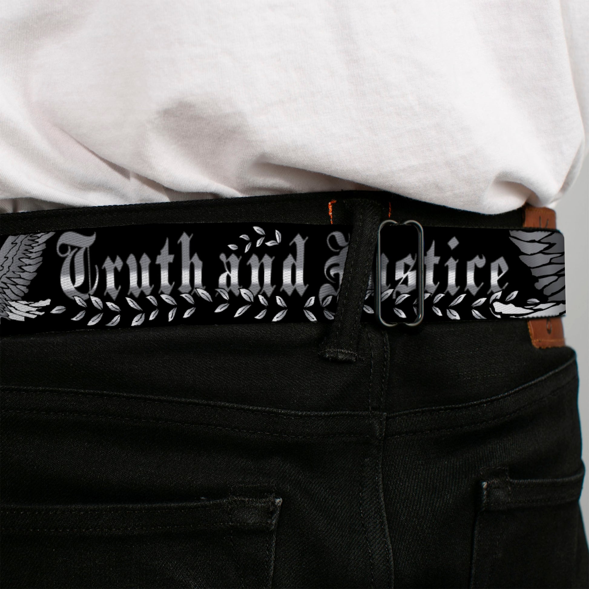 BD Wings Logo CLOSE-UP Full Color Black Silver Seatbelt Belt - Truth and Justice Black/White Webbing Seatbelt Belts Buckle-Down
