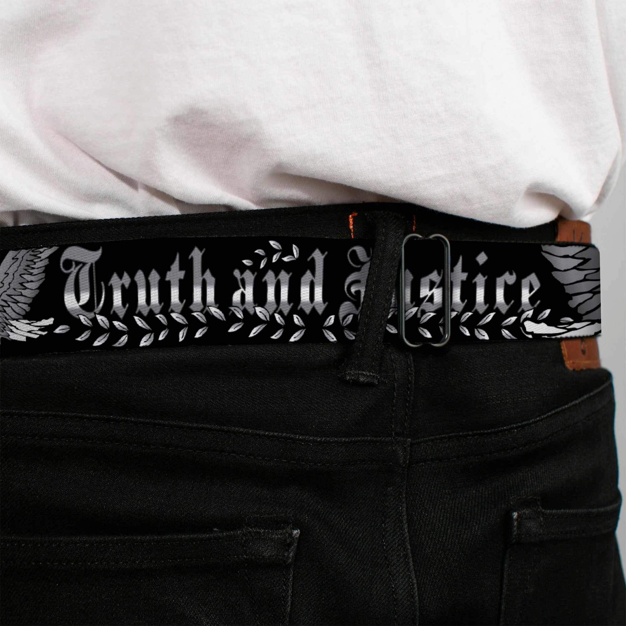 BD Wings Logo CLOSE-UP Full Color Black Silver Seatbelt Belt - Truth and Justice Black/White Webbing Seatbelt Belts Buckle-Down