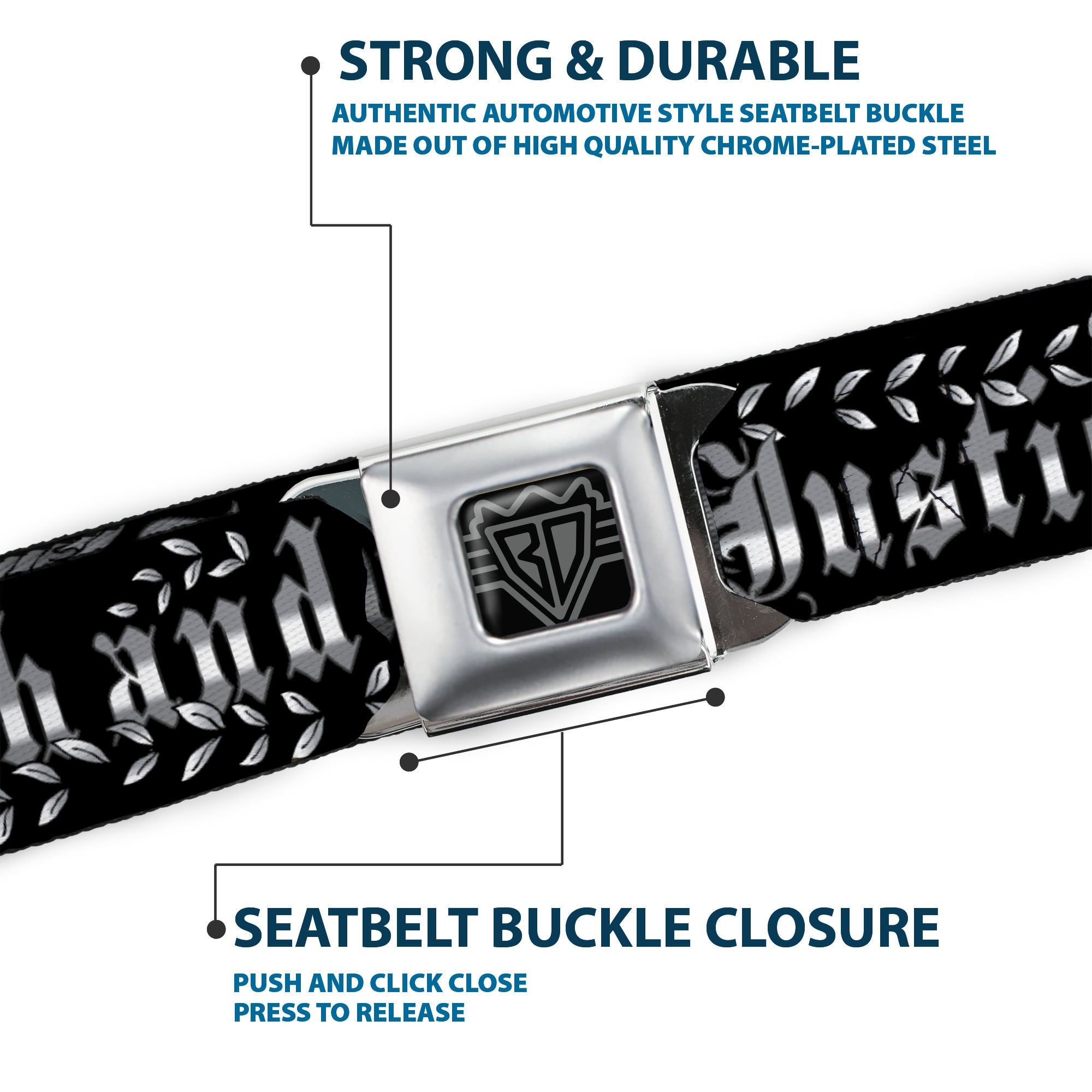 BD Wings Logo CLOSE-UP Full Color Black Silver Seatbelt Belt - Truth and Justice Black/White Webbing Seatbelt Belts Buckle-Down