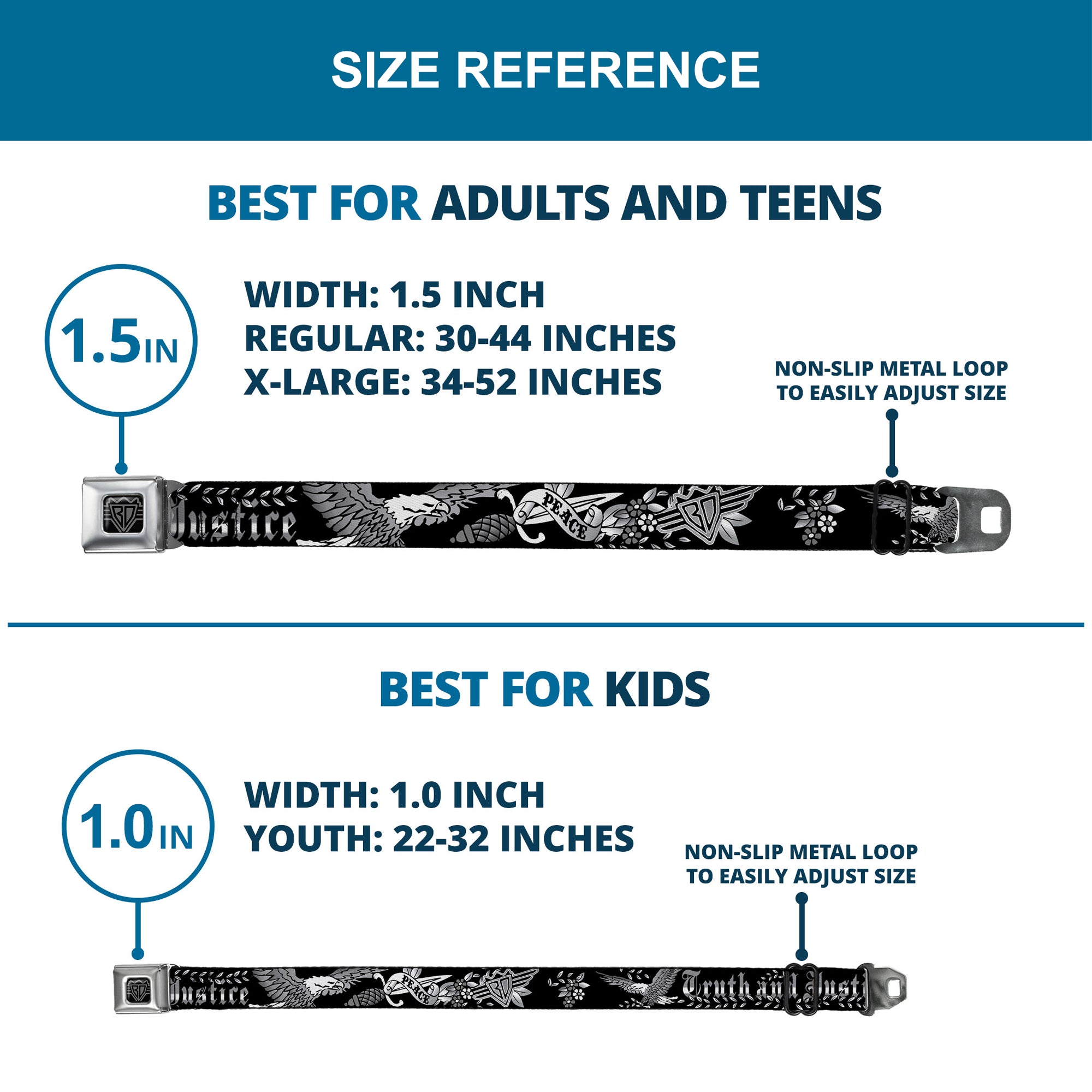 BD Wings Logo CLOSE-UP Full Color Black Silver Seatbelt Belt - Truth and Justice Black/White Webbing Seatbelt Belts Buckle-Down