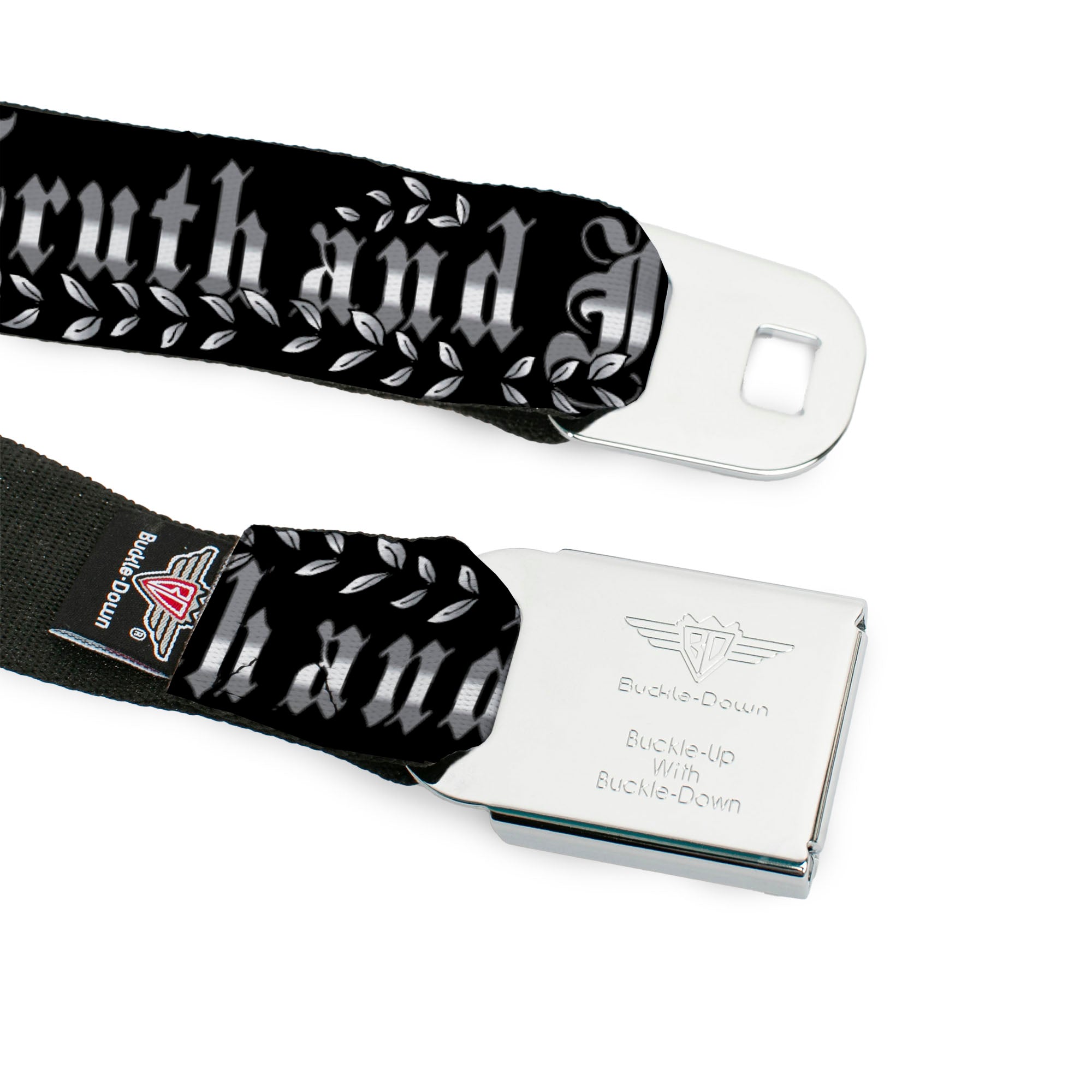 BD Wings Logo CLOSE-UP Full Color Black Silver Seatbelt Belt - Truth and Justice Black/White Webbing Seatbelt Belts Buckle-Down
