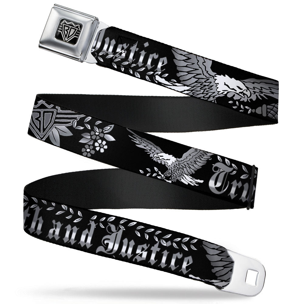 BD Wings Logo CLOSE-UP Full Color Black Silver Seatbelt Belt - Truth and Justice Black/White Webbing Seatbelt Belts Buckle-Down