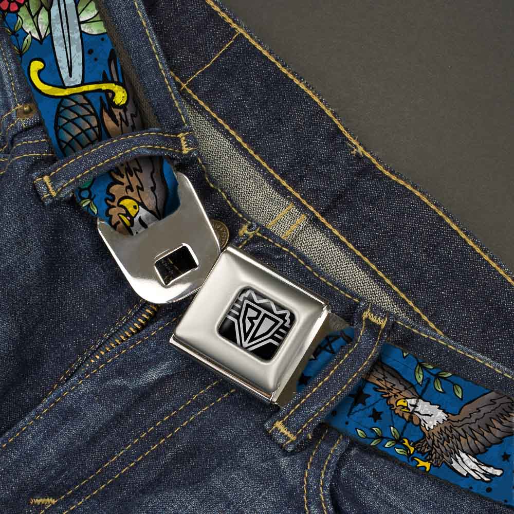 BD Wings Logo CLOSE-UP Full Color Black Silver Seatbelt Belt - Truth and Justice CLOSE-UP Blue Webbing Seatbelt Belts Buckle-Down