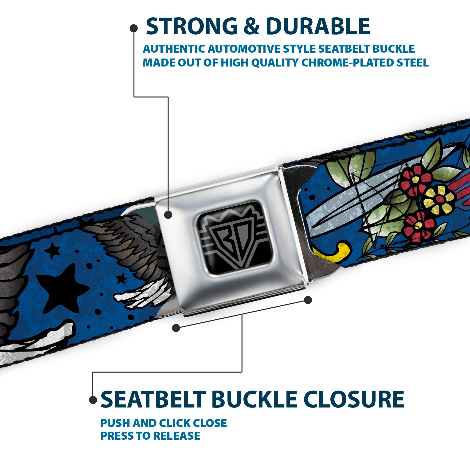 BD Wings Logo CLOSE-UP Full Color Black Silver Seatbelt Belt - Truth and Justice CLOSE-UP Blue Webbing Seatbelt Belts Buckle-Down