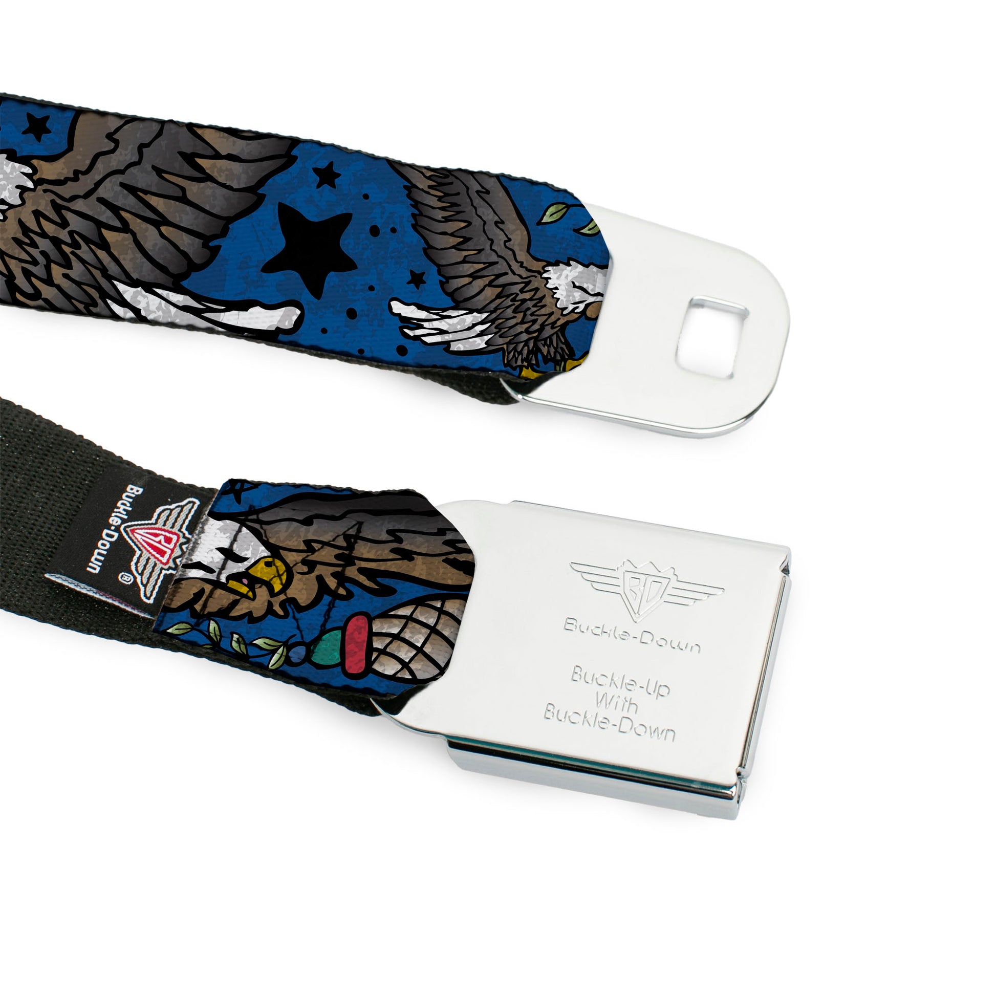 BD Wings Logo CLOSE-UP Full Color Black Silver Seatbelt Belt - Truth and Justice CLOSE-UP Blue Webbing Seatbelt Belts Buckle-Down