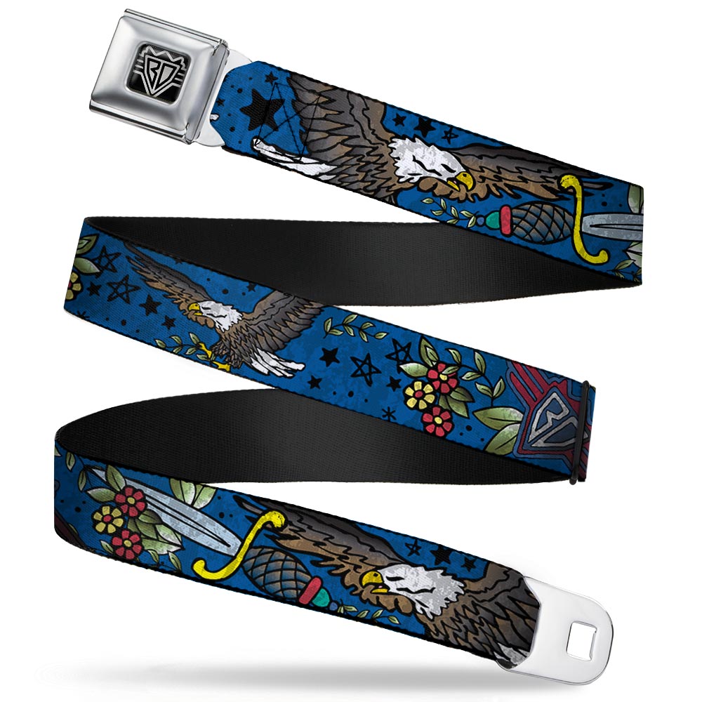 BD Wings Logo CLOSE-UP Full Color Black Silver Seatbelt Belt - Truth and Justice CLOSE-UP Blue Webbing Seatbelt Belts Buckle-Down