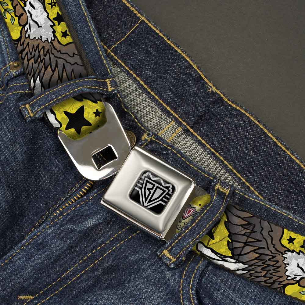 BD Wings Logo CLOSE-UP Full Color Black Silver Seatbelt Belt - Truth and Justice CLOSE-UP Yellow Webbing Seatbelt Belts Buckle-Down