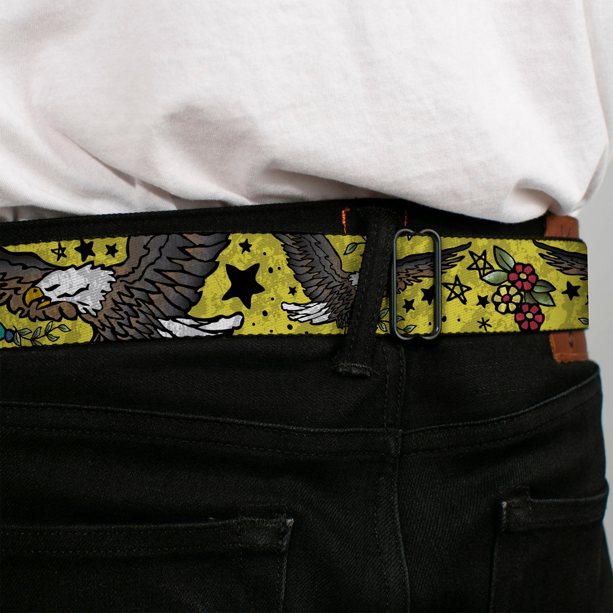 BD Wings Logo CLOSE-UP Full Color Black Silver Seatbelt Belt - Truth and Justice CLOSE-UP Yellow Webbing Seatbelt Belts Buckle-Down