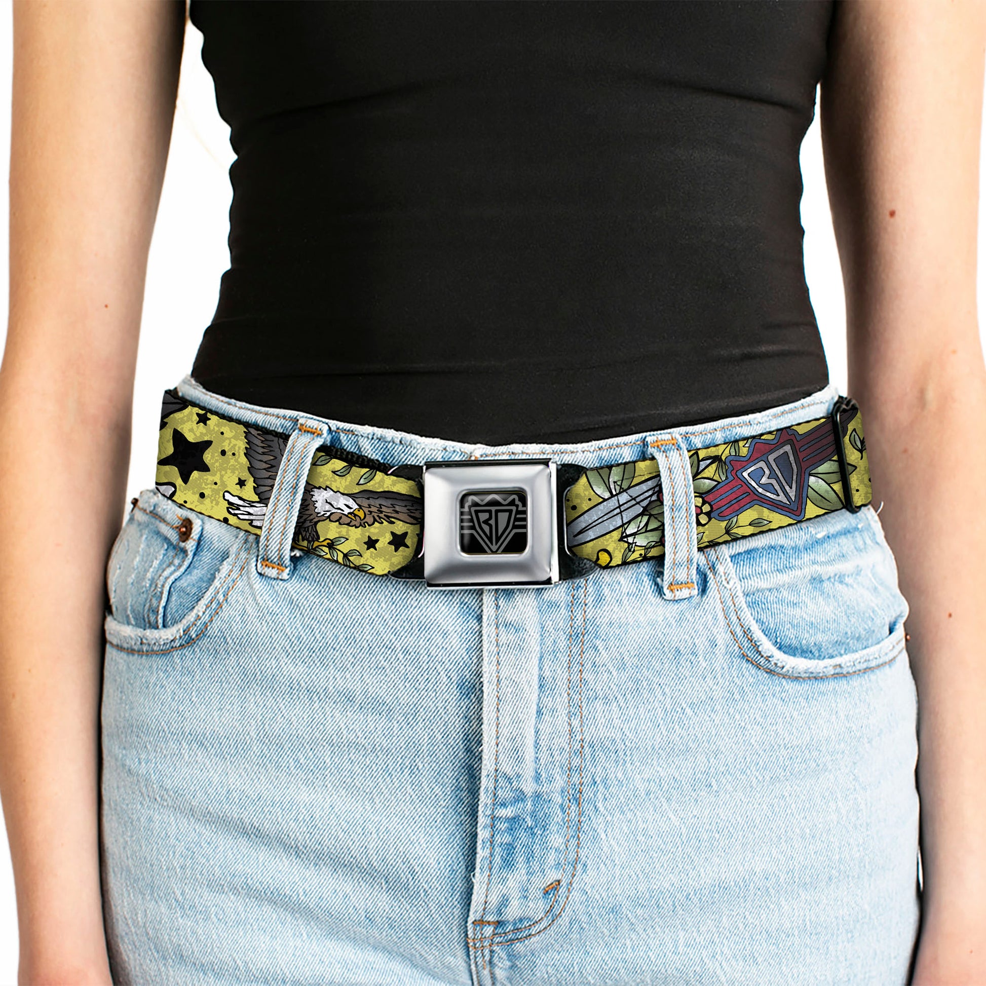 BD Wings Logo CLOSE-UP Full Color Black Silver Seatbelt Belt - Truth and Justice CLOSE-UP Yellow Webbing Seatbelt Belts Buckle-Down