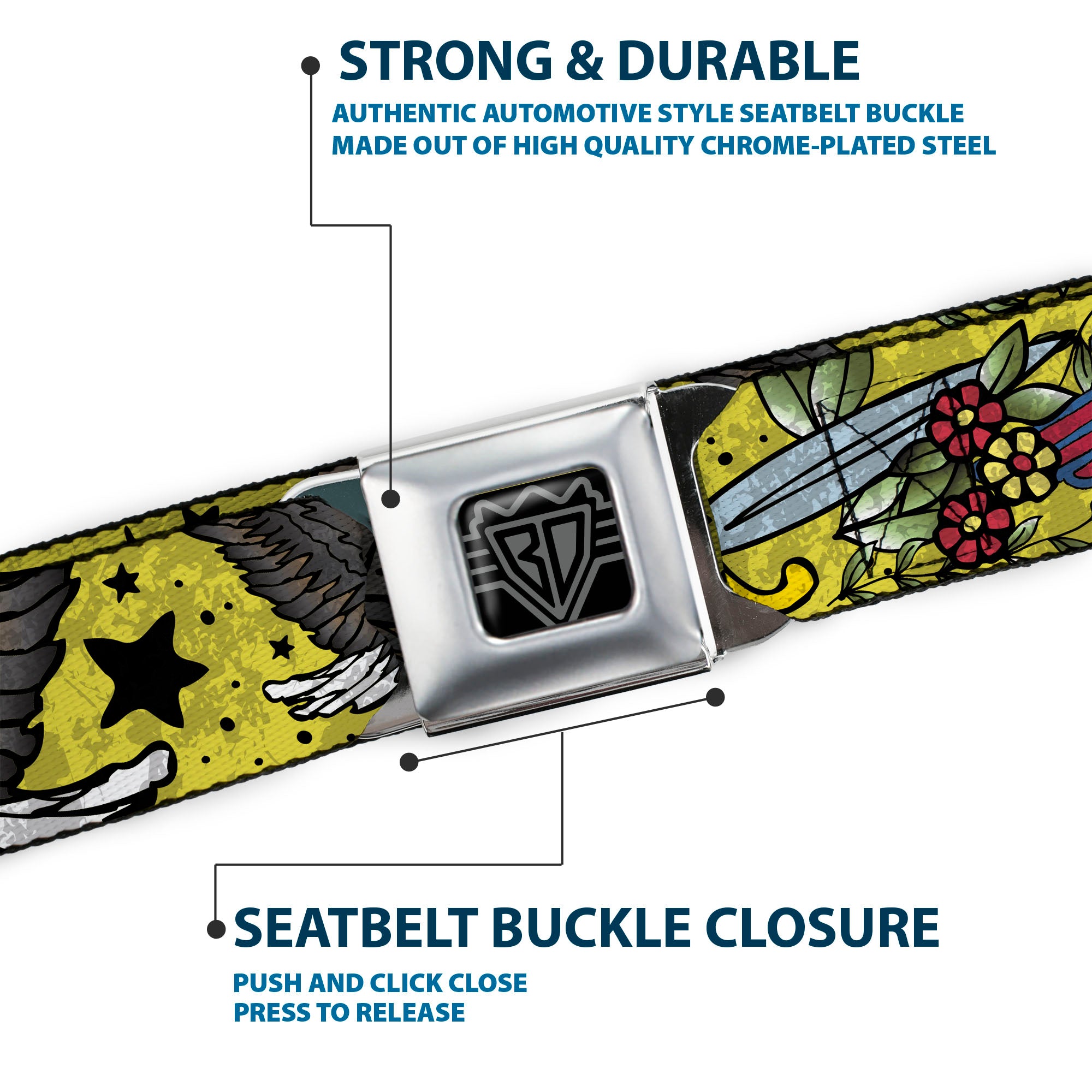 BD Wings Logo CLOSE-UP Full Color Black Silver Seatbelt Belt - Truth and Justice CLOSE-UP Yellow Webbing Seatbelt Belts Buckle-Down
