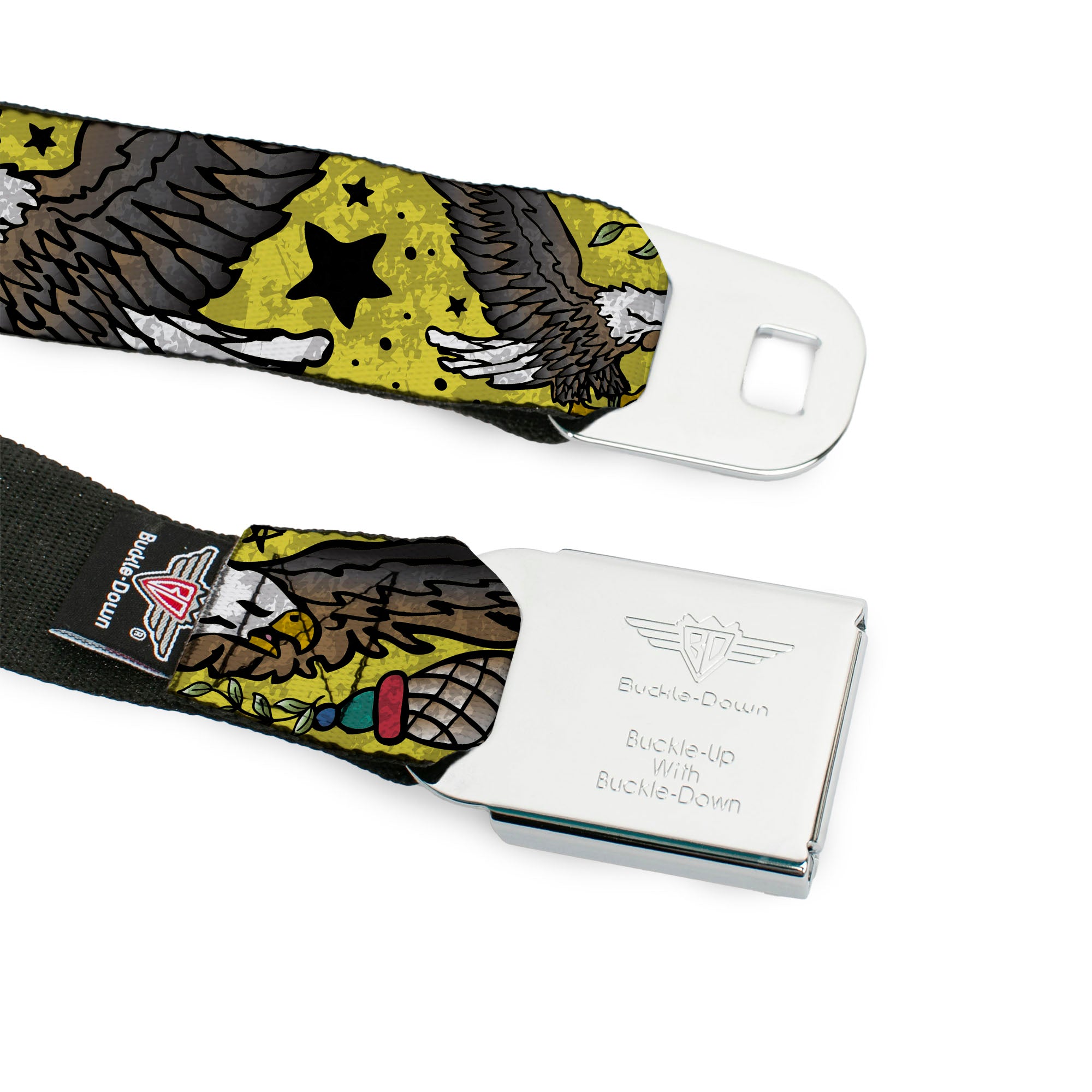 BD Wings Logo CLOSE-UP Full Color Black Silver Seatbelt Belt - Truth and Justice CLOSE-UP Yellow Webbing Seatbelt Belts Buckle-Down