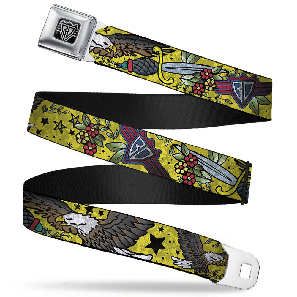 BD Wings Logo CLOSE-UP Full Color Black Silver Seatbelt Belt - Truth and Justice CLOSE-UP Yellow Webbing Seatbelt Belts Buckle-Down