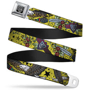 BD Wings Logo CLOSE-UP Full Color Black Silver Seatbelt Belt - Truth and Justice CLOSE-UP Yellow Webbing Seatbelt Belts Buckle-Down