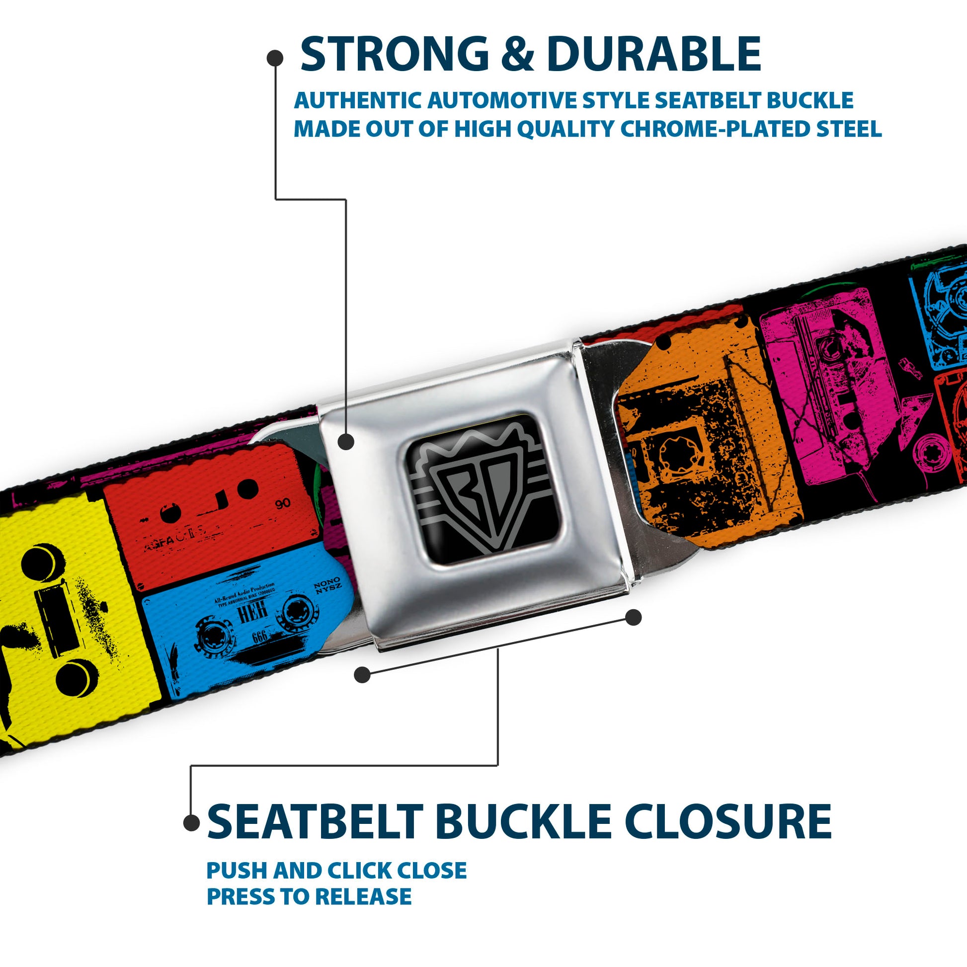 BD Wings Logo CLOSE-UP Full Color Black Silver Seatbelt Belt - Tapes Multi Neon Webbing Seatbelt Belts Buckle-Down