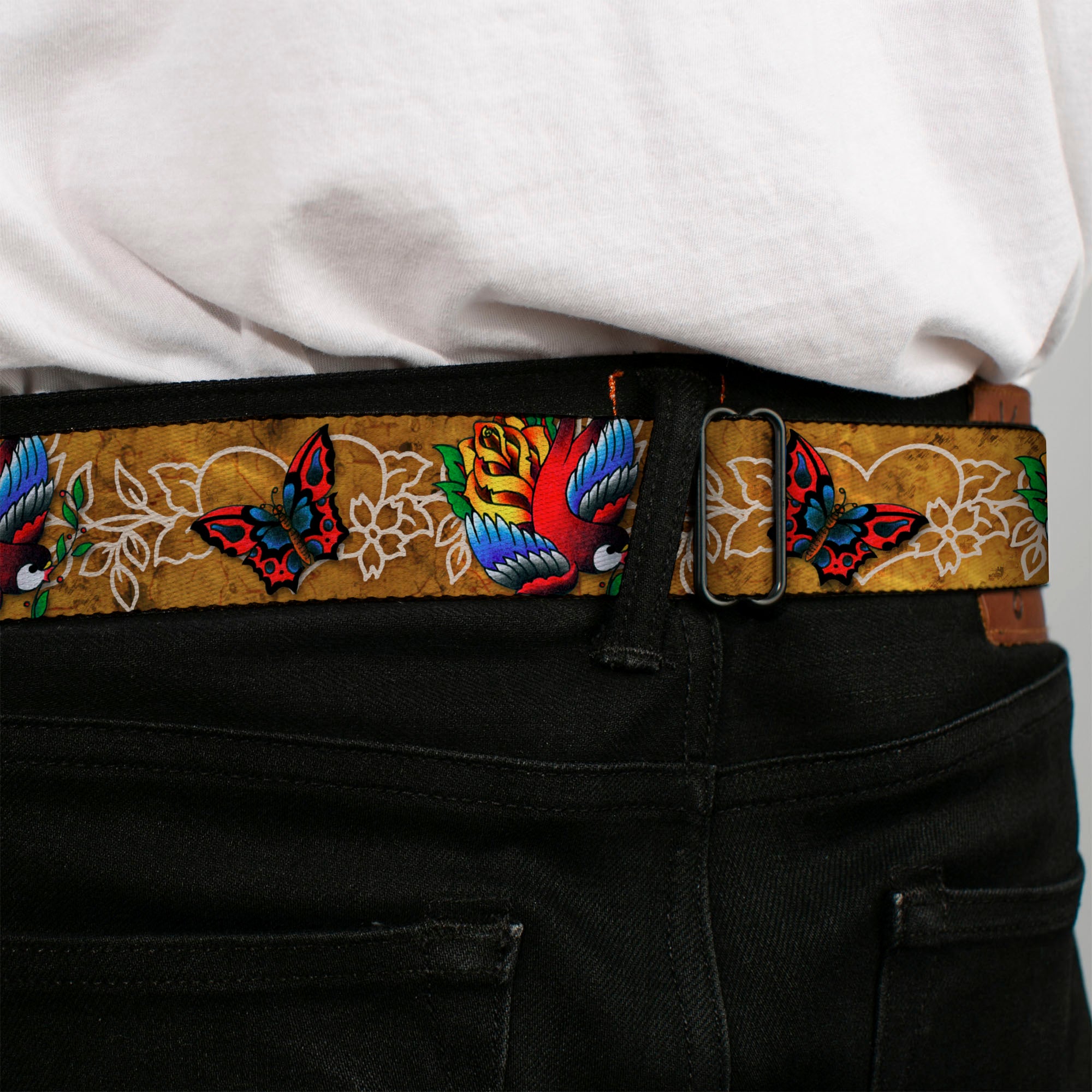 BD Wings Logo CLOSE-UP Full Color Black Silver Seatbelt Belt - TJ-Bird & Rose Webbing Seatbelt Belts Tattoo Johnny