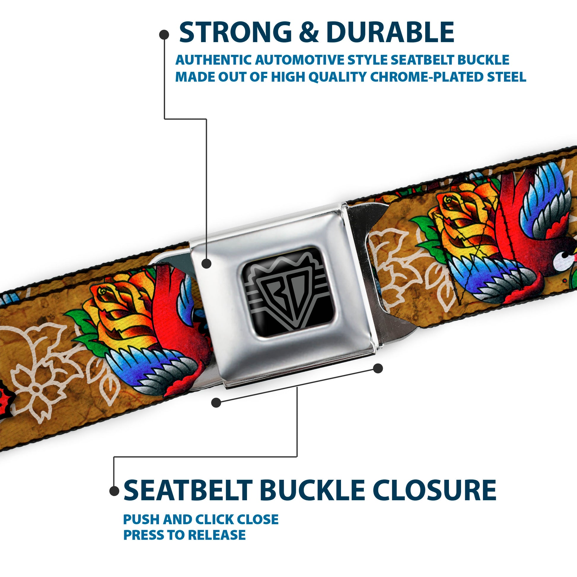 BD Wings Logo CLOSE-UP Full Color Black Silver Seatbelt Belt - TJ-Bird & Rose Webbing Seatbelt Belts Tattoo Johnny