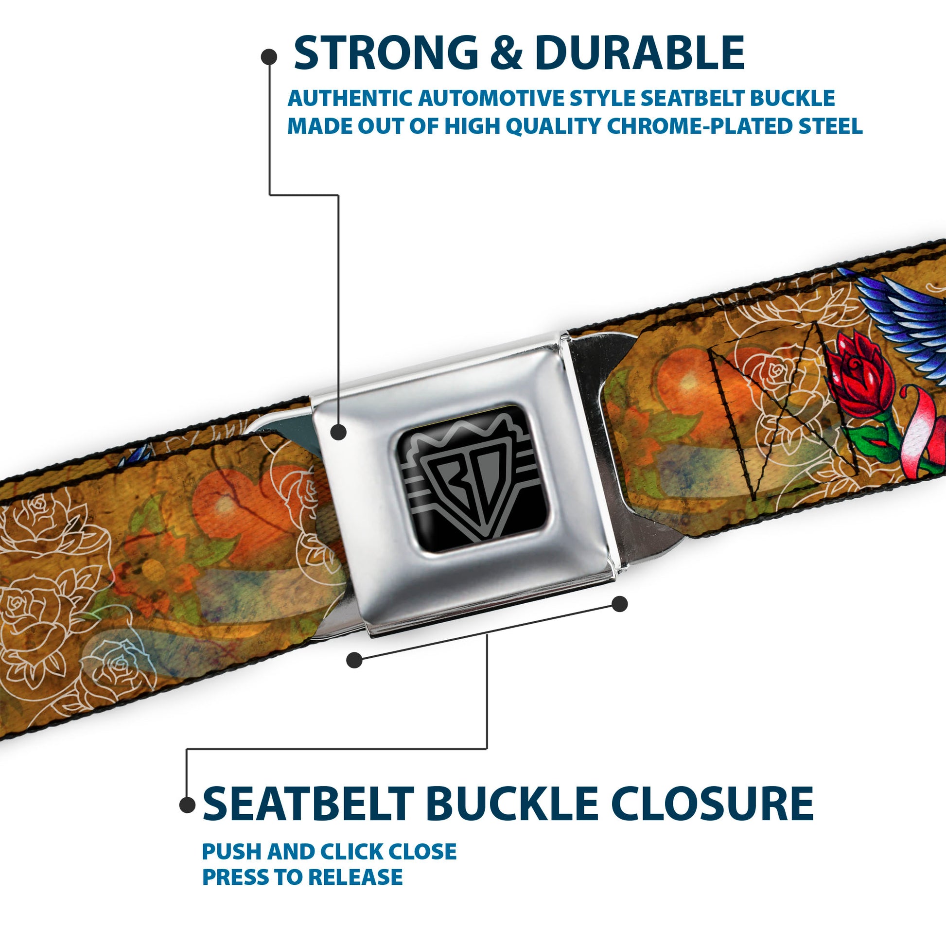 BD Wings Logo CLOSE-UP Full Color Black Silver Seatbelt Belt - TJ-Blonde Webbing Seatbelt Belts Tattoo Johnny