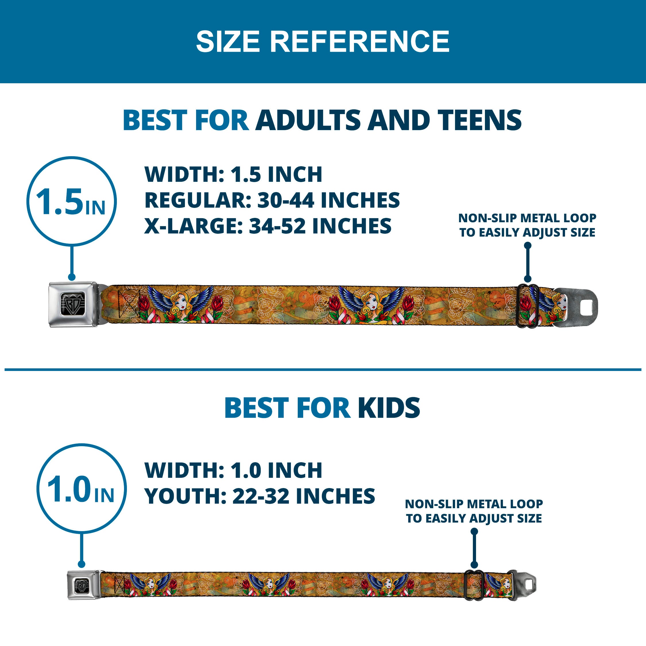 BD Wings Logo CLOSE-UP Full Color Black Silver Seatbelt Belt - TJ-Blonde Webbing Seatbelt Belts Tattoo Johnny