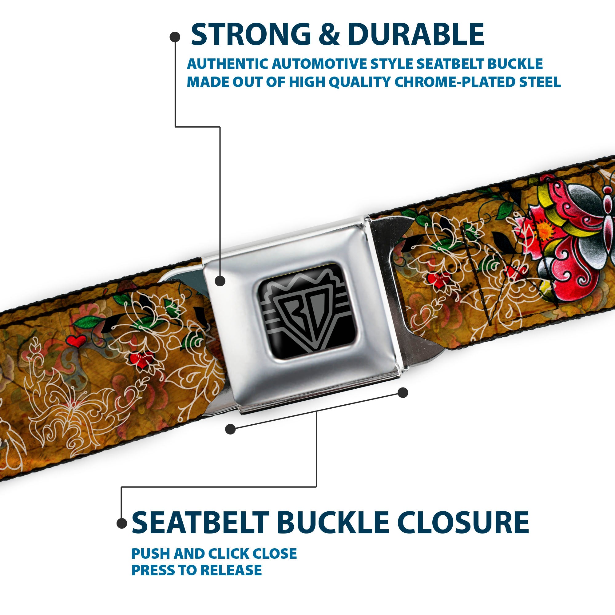 BD Wings Logo CLOSE-UP Full Color Black Silver Seatbelt Belt - TJ-Butterflies Webbing Seatbelt Belts Tattoo Johnny
