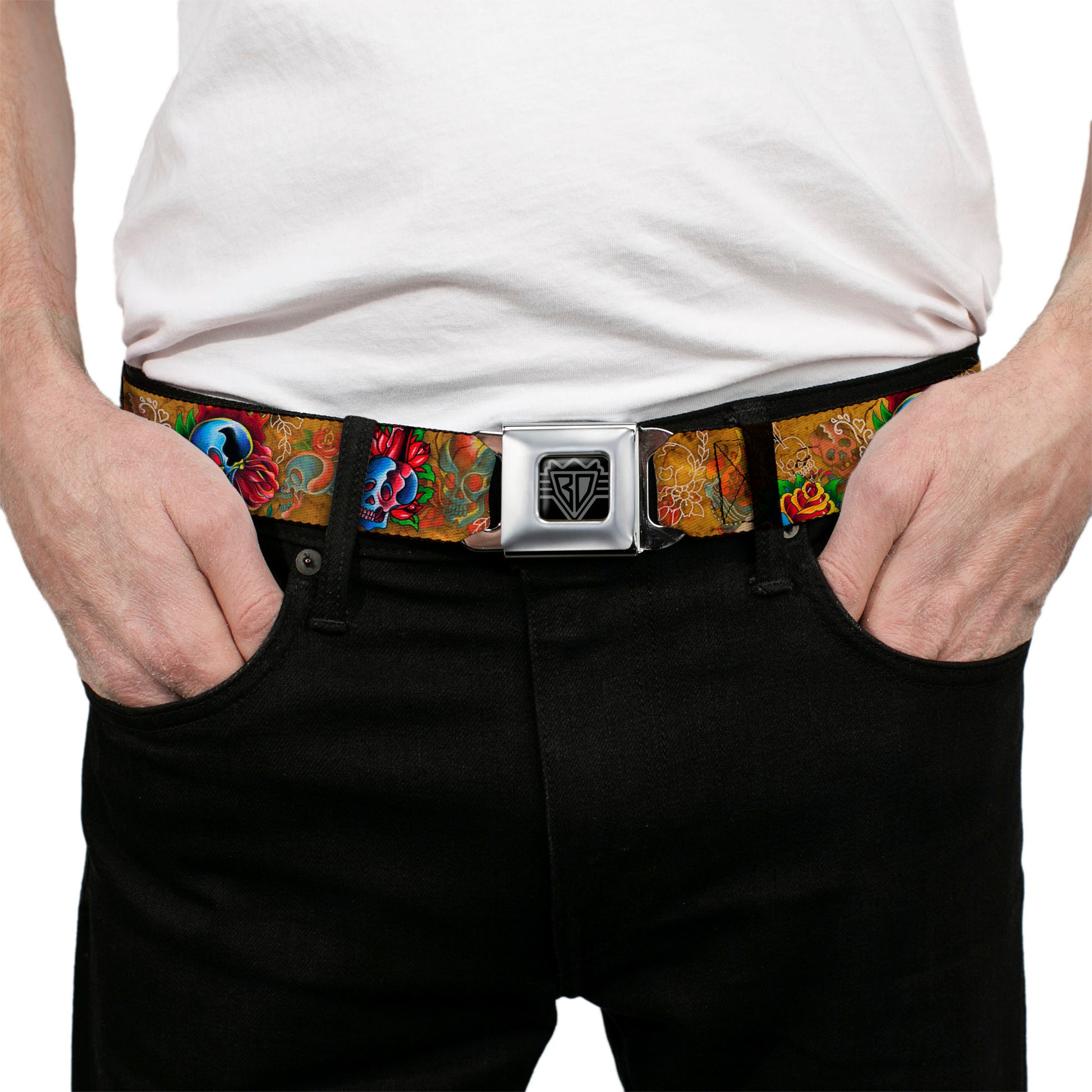 BD Wings Logo CLOSE-UP Full Color Black Silver Seatbelt Belt - TJ-Candles & Skulls Webbing Seatbelt Belts Tattoo Johnny