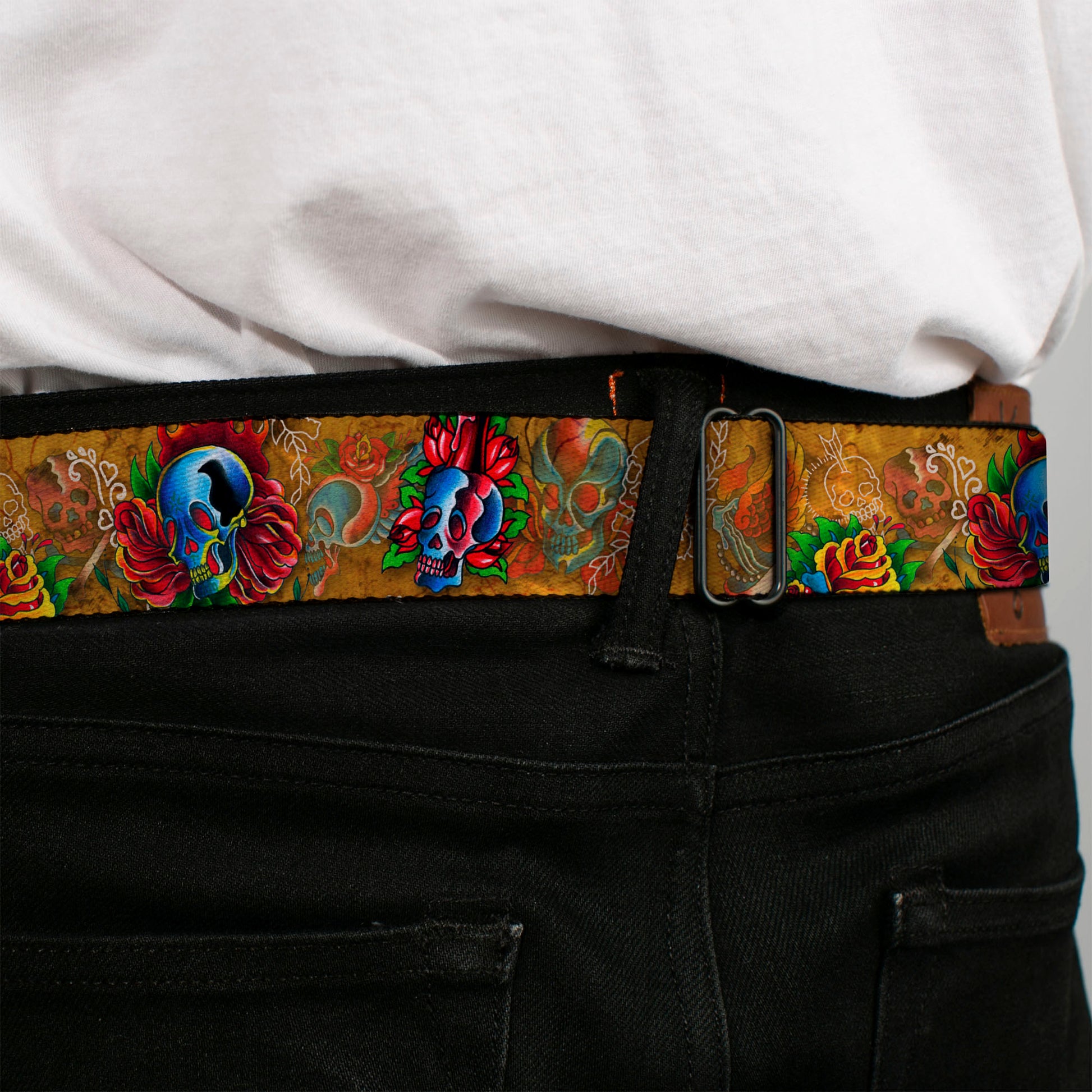 BD Wings Logo CLOSE-UP Full Color Black Silver Seatbelt Belt - TJ-Candles & Skulls Webbing Seatbelt Belts Tattoo Johnny