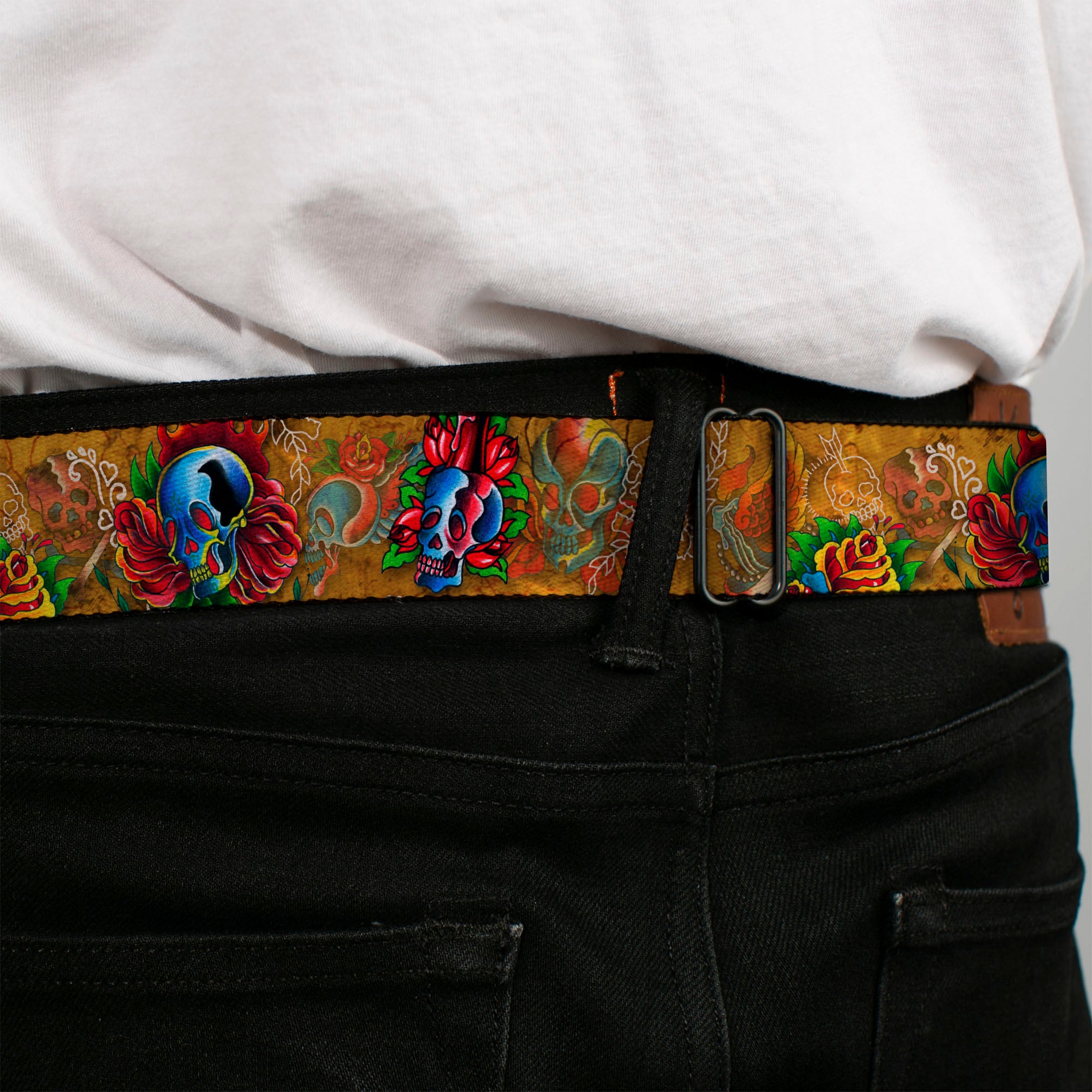 BD Wings Logo CLOSE-UP Full Color Black Silver Seatbelt Belt - TJ-Candles & Skulls Webbing Seatbelt Belts Tattoo Johnny