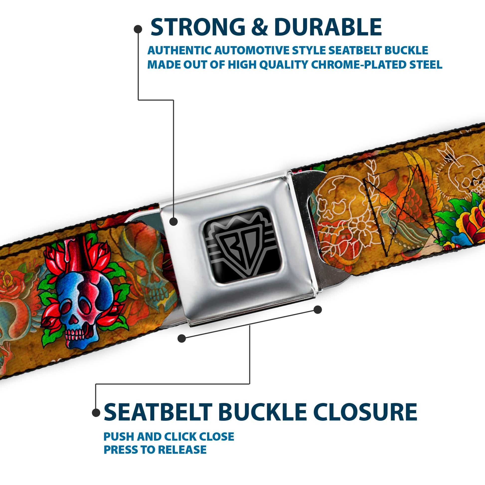 BD Wings Logo CLOSE-UP Full Color Black Silver Seatbelt Belt - TJ-Candles & Skulls Webbing Seatbelt Belts Tattoo Johnny