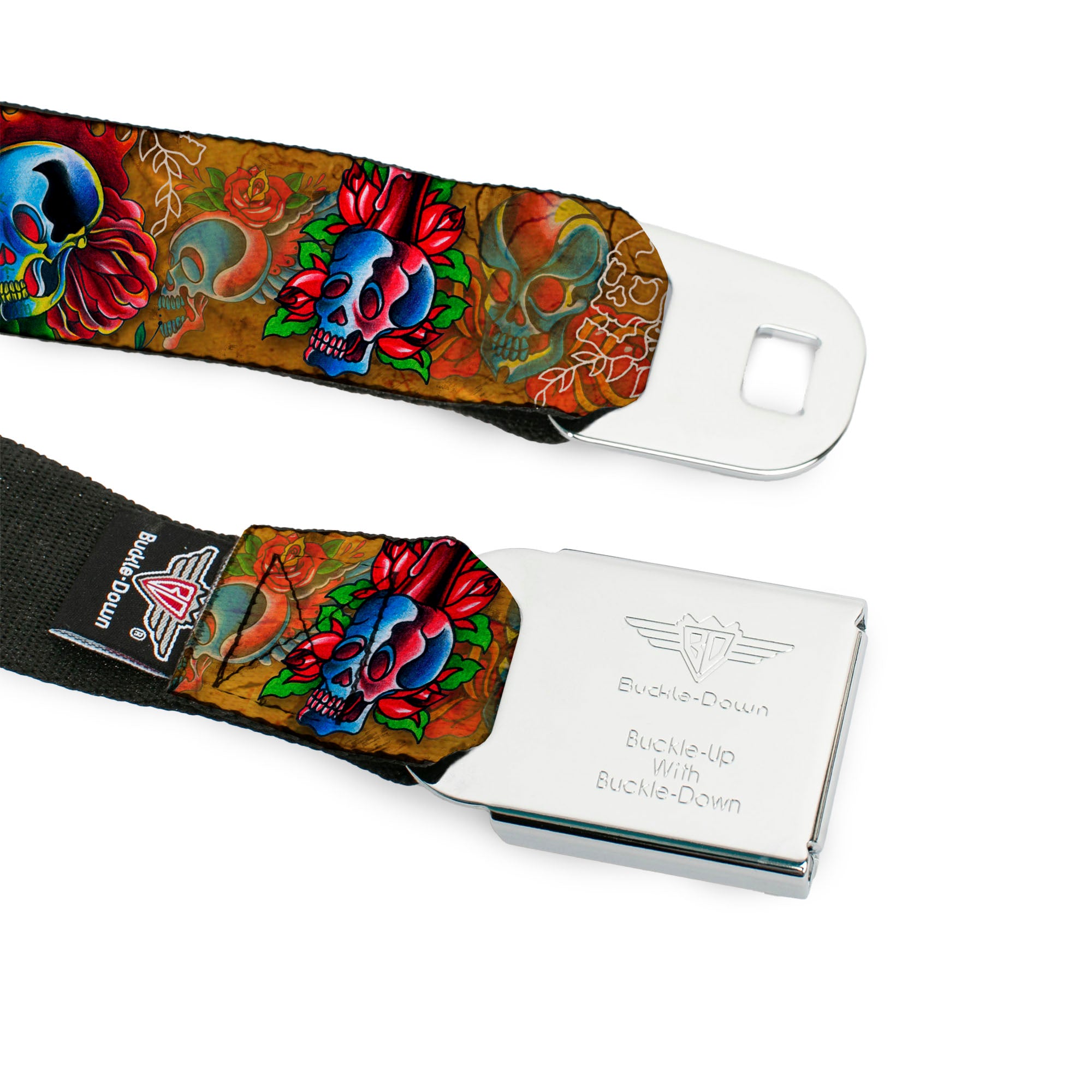 BD Wings Logo CLOSE-UP Full Color Black Silver Seatbelt Belt - TJ-Candles & Skulls Webbing Seatbelt Belts Tattoo Johnny