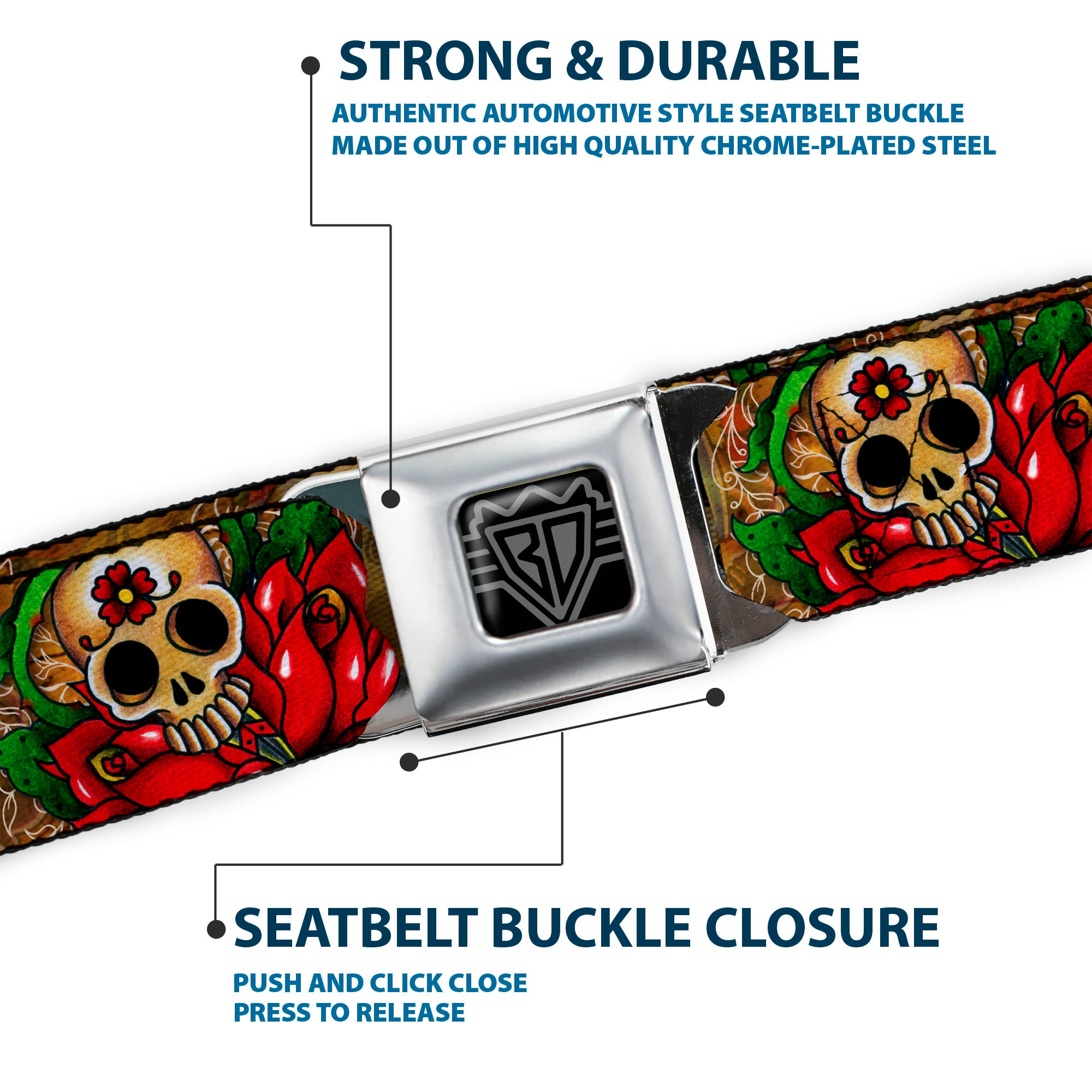 BD Wings Logo CLOSE-UP Full Color Black Silver Seatbelt Belt - TJ-Dagger Webbing Seatbelt Belts Tattoo Johnny