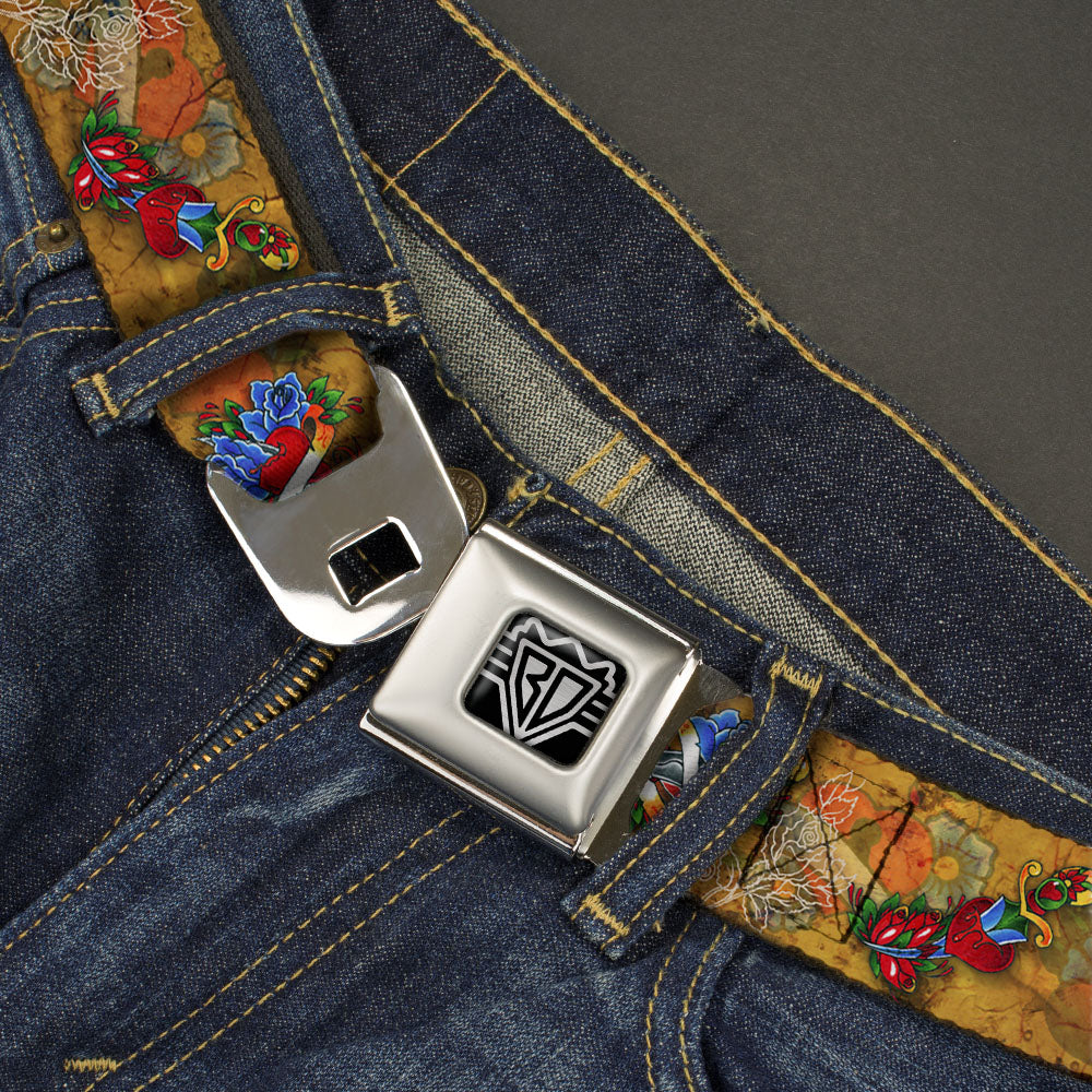 BD Wings Logo CLOSE-UP Full Color Black Silver Seatbelt Belt - TJ-Hearts & Roses Webbing Seatbelt Belts Tattoo Johnny